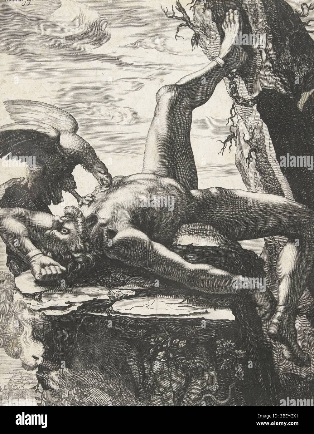 Warin, Jean (II), Paris, Mariette, Pierre (II), Bloemaert, Cornelis (II), Promethée, Prometheus, verso - gestempelt, Prometheus an einen Felsen gekettet, ein Adler pflückt seine Leber aus seinem Körper. Mit erläuternder Beschriftung in Französisch., Druck, Buchabbildung, Drucke, Höhe 255 mm, Breite 185 mm, North-Nederlands, 1603 - 1692-09, Printmaker, 1655 - 1716, 3. Quartal 17. Jahrhundert, 4. Quartal 17. Jahrhundert, 1. Quartal 18. Jahrhundert, Papier, Gravur, Gravur (Druckverfahren), Publikation, 1634 - 1716, Verlag, Werkkonzeption, Französisch, 1607 - 16. August 1672 Stockfoto