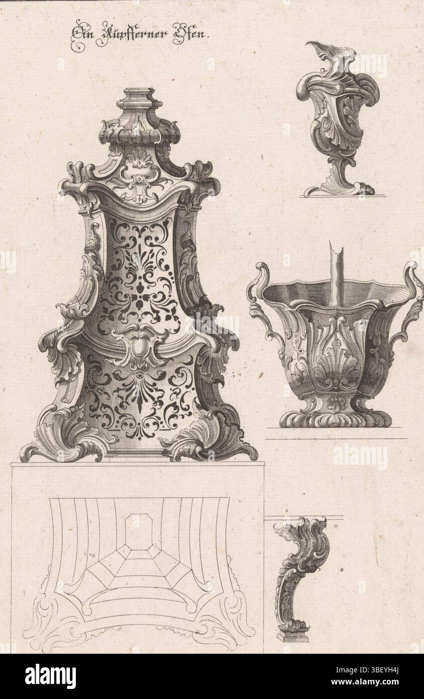 Hofgericht Augsburg, Engelbrecht, Martin, Rumpp, Johann, Einige und auf die neueste Fac eingerichte üben Sie. Vasi, Entwürfe für Öfen und Vasen, Herd, Vase, Topf und Pfote, vero - gestempelt, Entwürfe für einen verzierten Kupferofen, eine Vase, einen Topf und eine Pfote. Vom Herd auch eine Karte. Drucknummer 187, Druck, Ornament Print, Prints, Ornament Prints, verso - gestanzt, Höhe 295 mm, Breite 198 mm, 1702 - 1755-05-15, Druckmaschine, 1712 - 1755, Papier, Ätzen, Gravieren, Gravieren (Druckverfahren), Arbeitskonzept, nach eigenem Entwurf, Publikation (Veranstaltung), Publikation, Deutsch, 16.09.1684 - 1 Stockfoto
