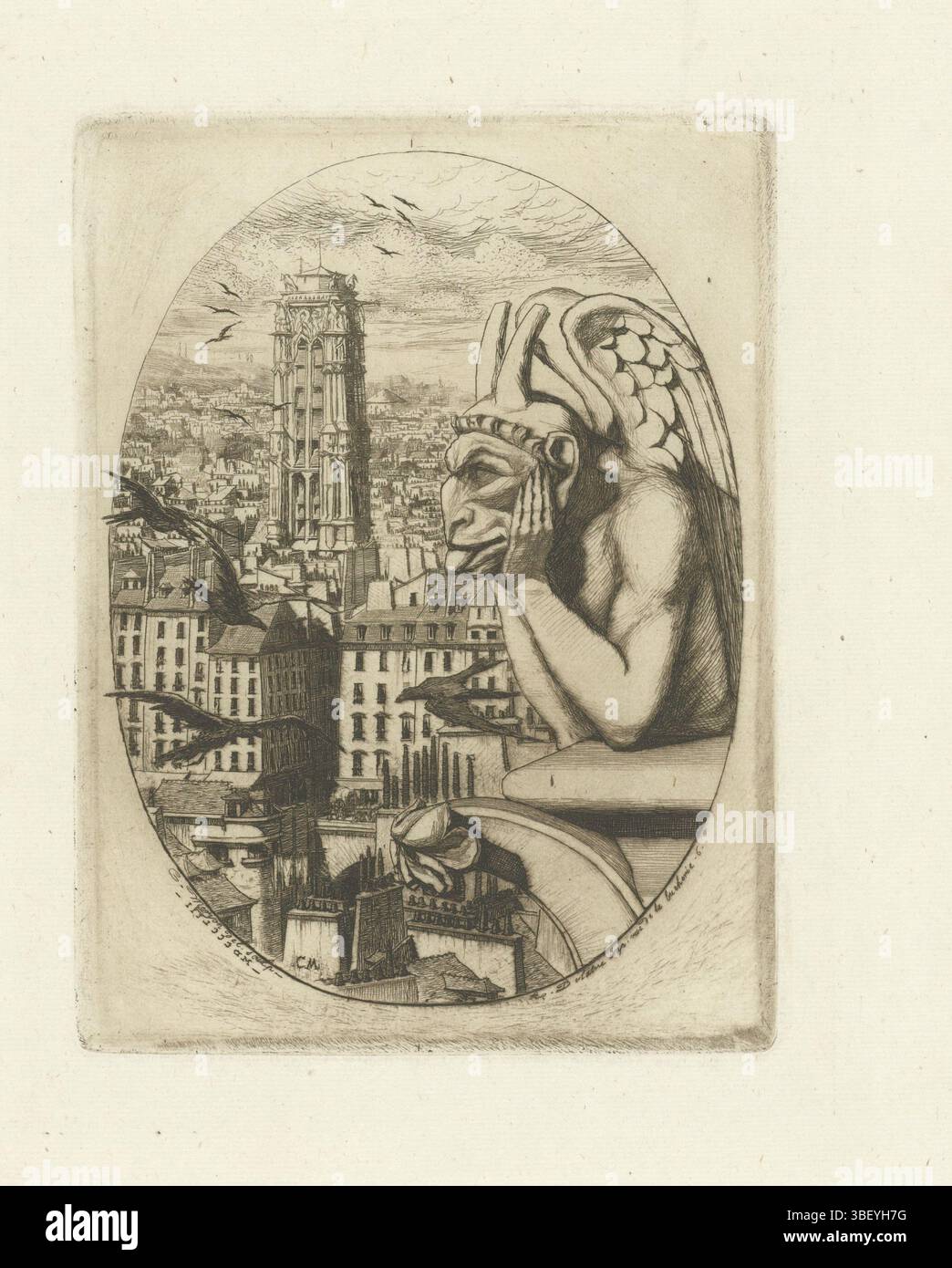 Paris, Delâtre, Auguste, Meryon, Charles, Paris, Eaux-Forte sur Paris, Le Stryge, Statue des Vampirs als Gargoyle auf dem Turm von Notre Dame und Blick über Paris, verso Mitte - gestempelt, Statue des Vampirs als Gargoyle, die über den Rand des oberen Balkons eines der Türme von Notre Dame geneigt ist. Der Künstler hat einen Ovalschliff gewählt, mit rechts dieses Fragment der Kirche und links einen Blick über Paris mit schwarzen Krähen, die auf dem Feld vorbeifliegen., Druck, rückseitig Mitte - geprägt, Höhe 167 mm, Breite 128 mm, Höhe 288 mm, Breite 249 mm, Französisch, 23.11.1821, 14.02.1868, Druckerei, 1853-1853, 3. Quartal 19. cen Stockfoto