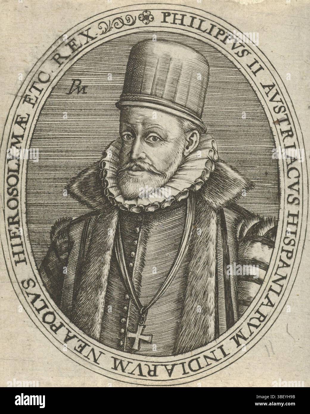 Niederlande, Maes, Pieter, Porträt von Philipp II., König von Spanien, Verso - gestempelt, Porträt links von Philipp II., König von Spanien in einem Oval mit Randschrift in lateinischer Sprache., Druck, Verso - gestempelt, Höhe 80 mm, Breite 65 mm, 1561, Druckerei, 1577 - 1591, Papier, Gravur, Gravur (Druckprozess) Stockfoto