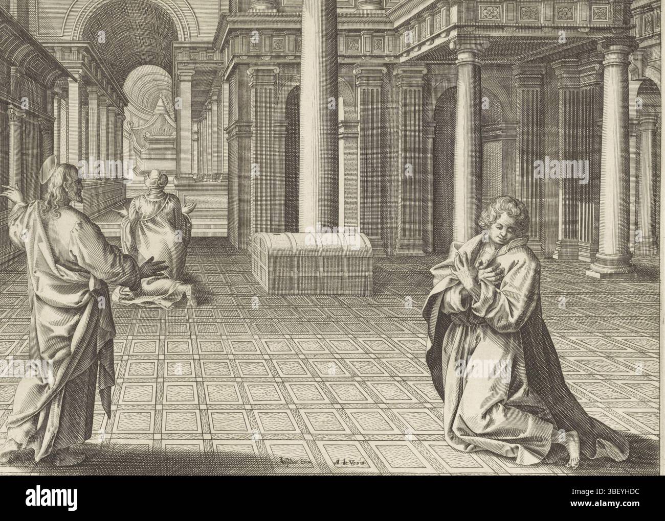 Amsterdam, Visscher, Claes Jansz. II), Vos, Maerten de, Doetechum, Joannes van (I), Lucas van, Collaert, Adriaen, Theatrum biblicum, Ähnlichkeit mit dem Pharisäer und dem Tollean, Amsterdam, verso - gestempelt, Christus, links stehend, erzählt das Gleichnis vom Pharisäer und dem Tollean. Auf der rechten Seite kniet der Beamte in Buße im Tempel und bittet Gott um Gnade. Am Altar im Hintergrund betet der Pharisäer, der Gott dankt, dass er nicht wie der Steuereintreiber ist. Unter der Darstellung ist ein lateinischer Verweis auf den Bibeltext in Luc. 18:10., Druck, Höhe 208 mm, Breite 265 mm, Druck Stockfoto