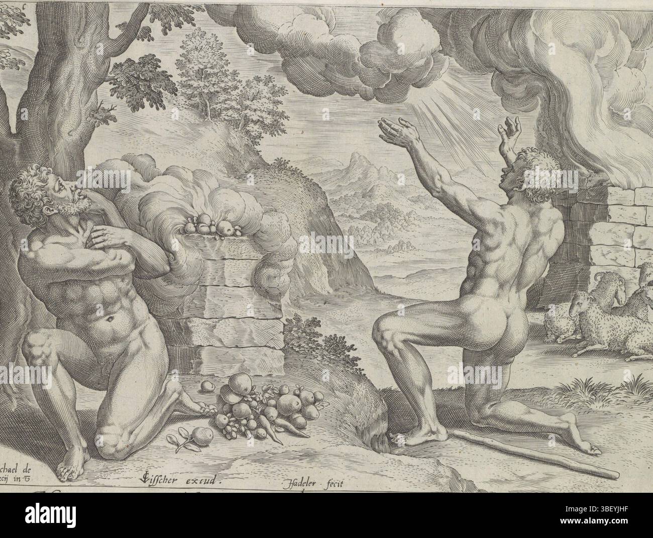 Amsterdam, Visscher, Claes Jansz. II), Coxie, Michiel (I), Sadeler, Johann (I), Theatrum Biblicum hoc Est Historiae Sacrae Veteris et Novi Testamenti Tabulis Aeneis Expressae, Geschichte von Kain und Abel, Opfer von Kain und Abel, Amsterdam, die Brüder Kain und Abel bringen jeweils ein Opfer. Kains Opfer wird verleugnet, weil der Rauch sinkt. Das Opfer Abels wird von Gott angenommen, der Rauch steigt auf. Ein Sonnenstrahl scheint auf Abel, der seine Arme zum Himmel wirft. Auf dem Altar des Bauern Kain stehen Obst und Gemüse. Am Altar des Viehhalters Abel liegen Schafe. Unten eine Referenz Stockfoto