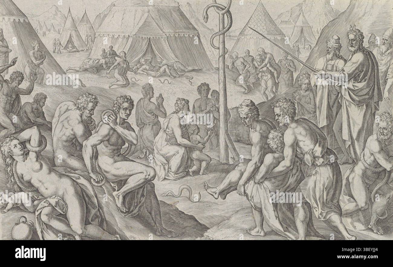Amsterdam, Visscher, Claes Jansz. II) Broeck, Crispijn van den, Sadeler, Johann (I), Theatrum Biblicum hoc Est Historiae Sacrae Veteris et Novi Testamenti Tabulis Aeneis Expressae, Geschichte Moses nach dem Exodus, Schöpfung der Kupferschlange, Amsterdam, in der Mitte die Kupferschlange an einem Pfahl befestigt. Moses zeigt auf die Messingschlange. Auf die Messingschlange Männer, Frauen und Kinder, die von giftigen Schlangen gebissen werden und zu der Messingschlange aufschauen, um am Leben zu bleiben. Im Hintergrund das Zeltlager der Israeliten. Unter der Darstellung ist ein Verweis auf den Bibeltext in Num in lateinischer Sprache zu finden. 21:6 Stockfoto