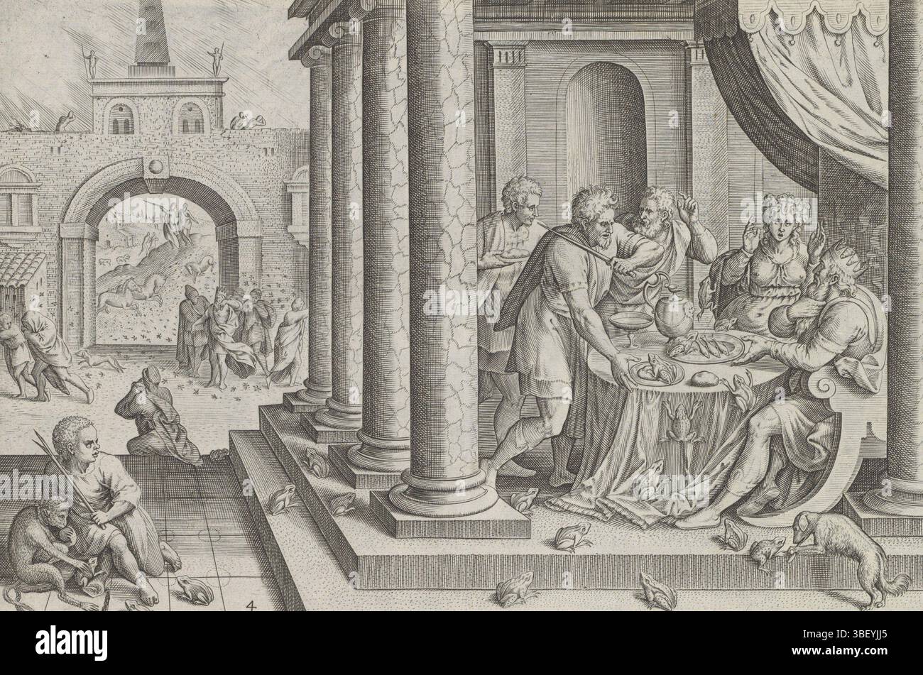 Amsterdam, Visscher, Claes Jansz. II), Cleve, Marten van (I), Antwerpen, Sadeler, Johann (I), Theatrum Biblicum hoc Est Historiae Sacrae Veteris et Novi Testamenti Tabulis Aeneis Expressae, Geschichte Moses für den Exodus, Plagen der Frösche, Mücken und Stachelfliegen, Amsterdam, Antwerpen, im Vordergrund die zweite Pest, die Gott Ägypten gebracht hat: eine Froschpest. Eine Gruppe von Leuten sitzt am Tisch mit Fröschen überall. Im Hintergrund wird der Pharao von Mücken und Stechfliegen angegriffen. Im Hintergrund Aaron mit seinem Stab und Moses. Unter der Darstellung ein lateinischer Verweis auf t Stockfoto
