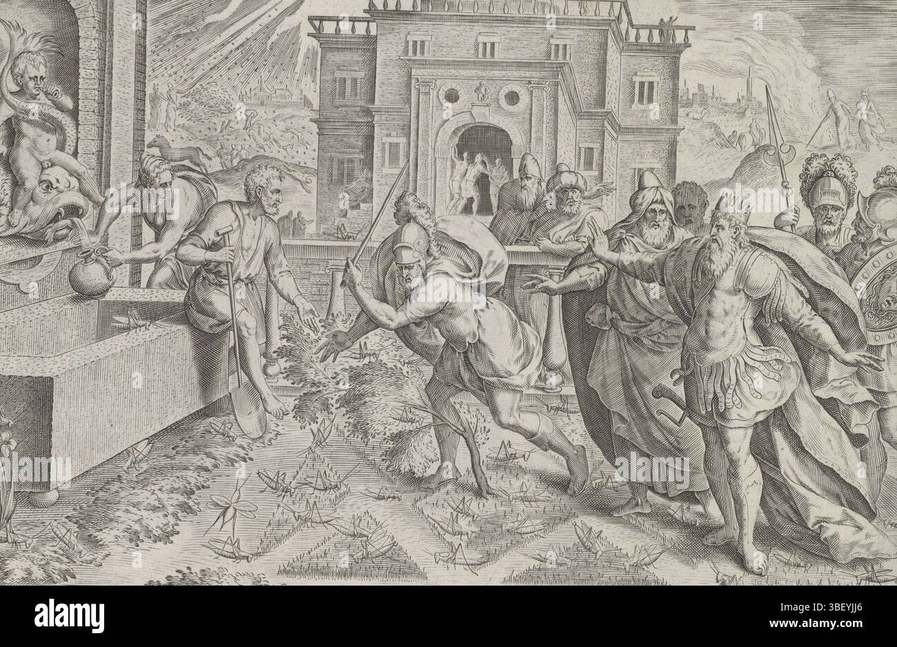 Amsterdam, Visscher, Claes Jansz. II), Cleve, Marten van (I), Antwerpen, Sadeler, Johann (I), Theatrum Biblicum hoc Est Historiae Sacrae Veteris et Novi Testamenti Tabulis Aeneis Expressae, Geschichte Moses für den Exodus, Heuschrecken- und Hagelplagen, Amsterdam, Antwerpen, im Vordergrund die achte Pest, die Gott über Ägypten gebracht hat: eine Heuschreckenpest. Der Pharao befiehlt einem seiner Soldaten, die Heuschrecken zu Tode zu schlagen. Links füllt ein Diener ein Gefäß mit Wasser. Im Hintergrund links die siebte Pest Ägyptens: Hagelsteine. Im Hintergrund links und rechts rufen Aaron und Moses t Stockfoto