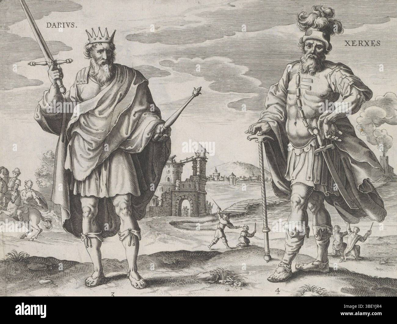 Amsterdam, Visscher, Claes Jansz. II), Jode, Pieter de (I), Theatrum Biblicum hoc Est Historiae Sacrae Veteris et Novi Testamenti Tabulis Aeneis Expressae, persische Könige, König Darius I. und König Xerxes, Amsterdam, links ist König Darius I. von Persien mit Zepter und Schwert in der Hand. Im Hintergrund wurde Darius zum König von Persien gewählt. Sein Pferd schlägt zuerst bei Sonnenaufgang. Der rechte König Xerxes von Persien steht mit einer Hand auf einer Spitzhacke. Im Hintergrund sehen Sie, wie die Männer von Xerxes den Hellespond peitschen. Sie taten dies im Namen von Xerxes, nachdem die Brücken über den Hellespond von zerstört wurden Stockfoto