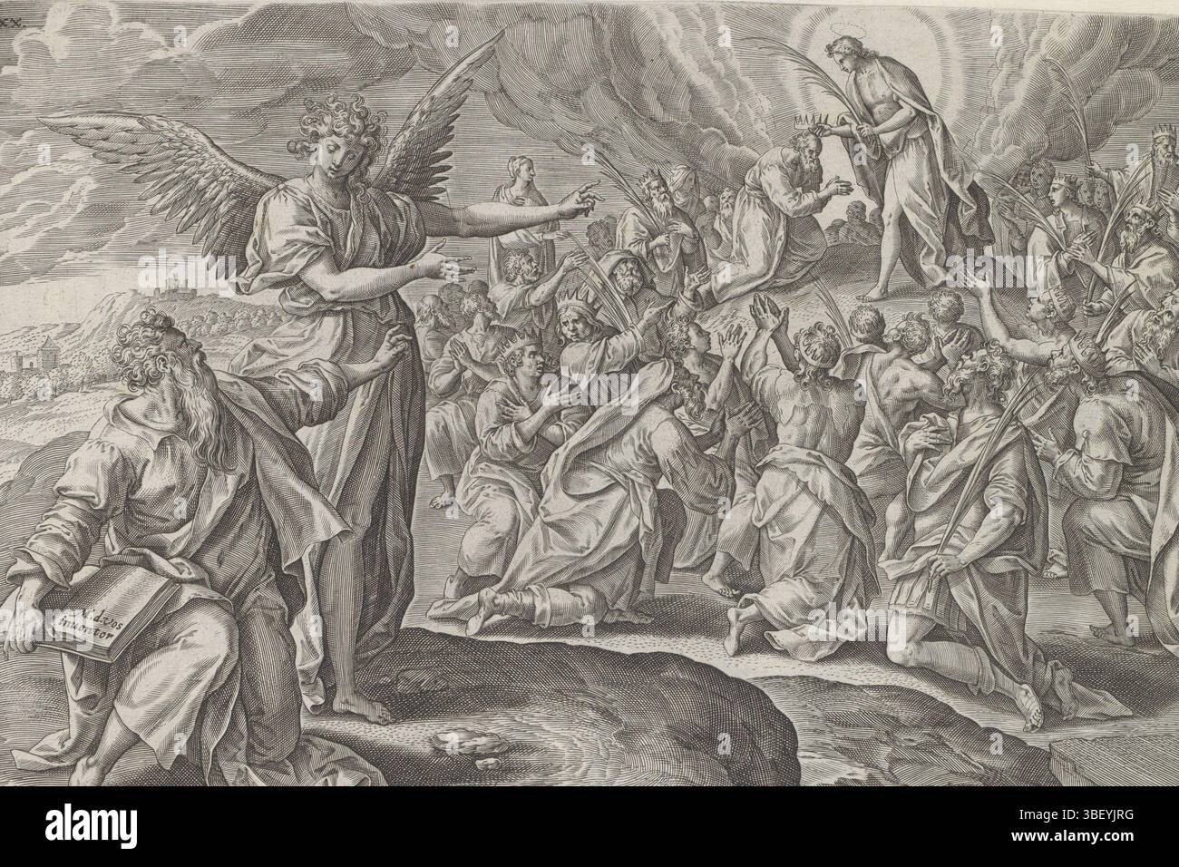 Amsterdam, Visscher, Claes Jansz. (II), Vos, Maerten de, Theatrum Biblicum hoc Est Historiae Sacrae Veteris et Novi Testamenti Tabulis Aeneis Expressae, Visionen von Esra, erste Vision von Esra: Der Sohn Gottes krönt die Menge, Amsterdam, Esra sitzt direkt im Vordergrund und wird von einem Engel auf eine Vision verwiesen. Esra sieht den Sohn Gottes auf dem Berg Zion, der die Männer krönt und ihre Palmzweige ausstreckt. Unter der Darstellung ist ein lateinischer Hinweis auf den apokryphen Bibeltext in 4 Ezra 2:42. Dieser Ausdruck ist Teil eines Albums., Druck, Albumsheet, Ausdrucke, Höhe 205 mm, Breite 297 mm, Arbeitskonzept, Z Stockfoto