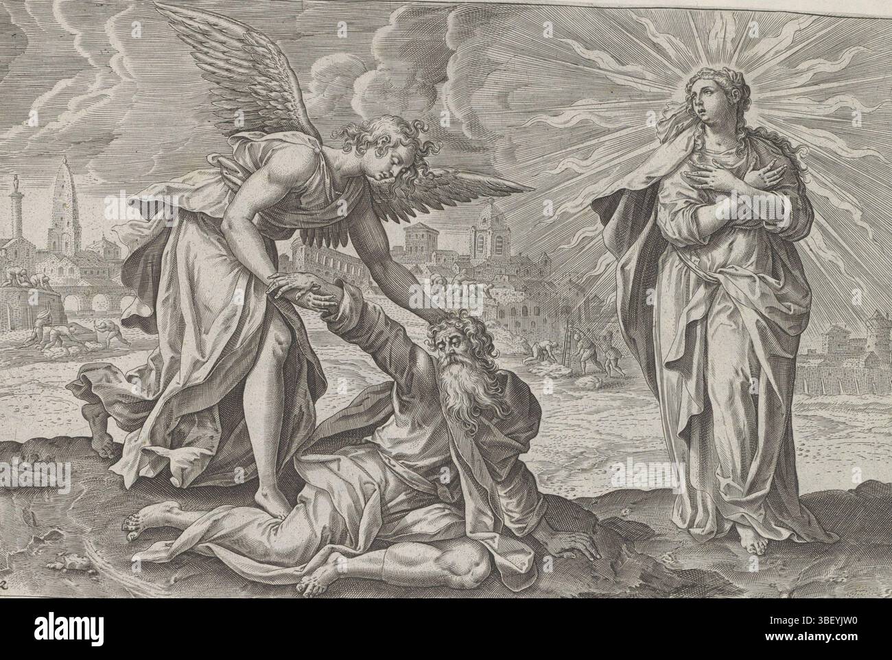 Amsterdam, Visscher, Claes Jansz. II), Vos, Maerten de, Theatrum Biblicum hoc Est Historiae Sacrae Veteris et Novi Testamenti Tabulis Aeneis Expressae, Visionen von Esra, zweite Vision von Esra: Esra getröstet durch den Engel, Amsterdam, der Engel Uriel tröstet Esra und hilft ihm auf. Neben Ezras Vision der strahlenden Frau Sion. Als sie verschwindet, sieht Ezra, wie die Stadt im Hintergrund gebaut wird. Unter der Darstellung ist ein lateinischer Hinweis auf den apokryphen Bibeltext in 4 Esra 10,25. Dieser Ausdruck ist Teil eines Albums., Druck, Albumsheet, Ausdrucke, Höhe 204 mm, Breite 295 mm, Arbeitskonzept, Zui Stockfoto