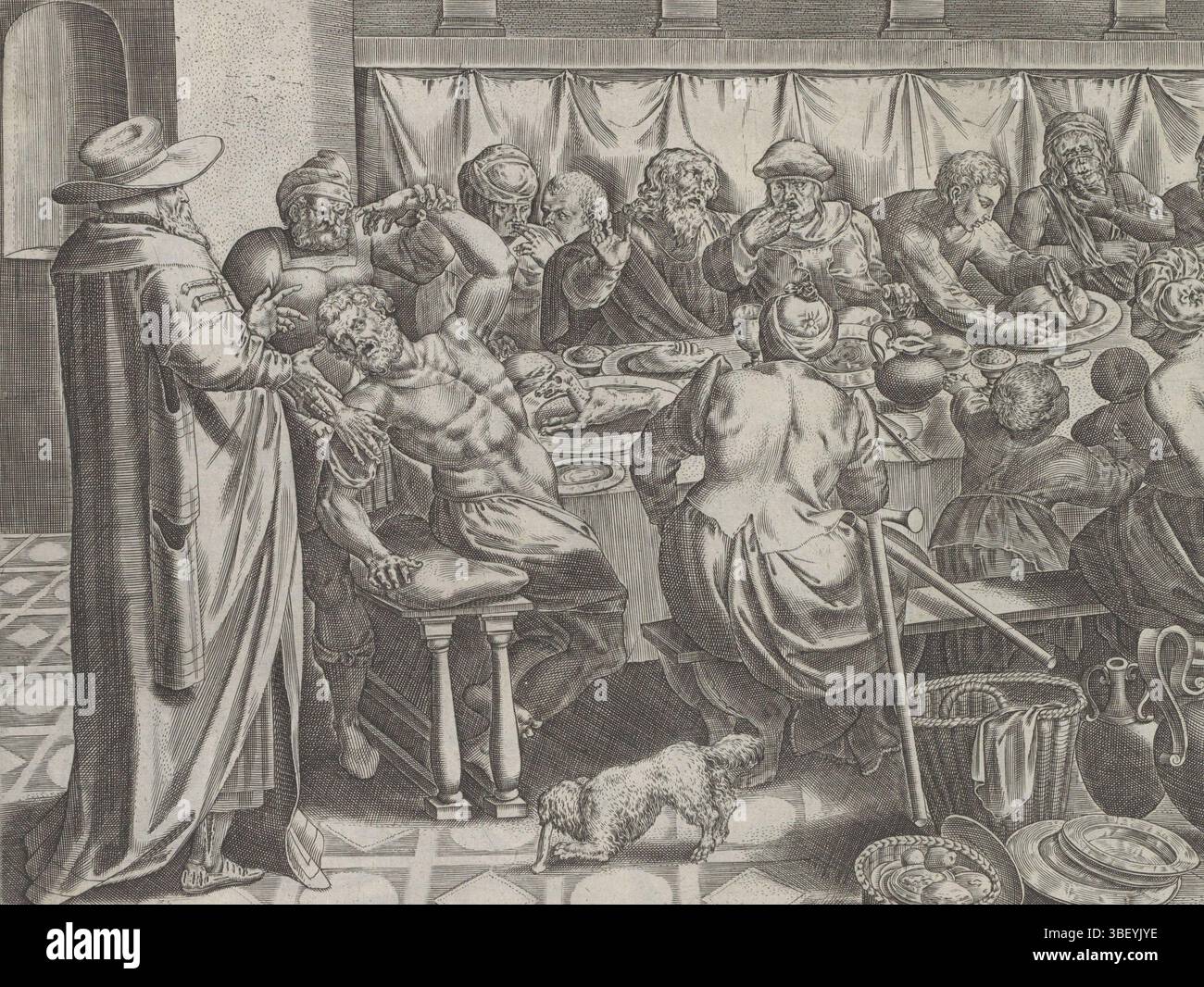 Amsterdam, Visscher, Claes Jansz. II), Collaert, Hans (I), Francken, Ambrosius (I), Theatrum Biblicum hoc Est Historiae Sacrae Veteris et Novi Testamenti Tabulis Aeneis Expressae, Ähnlichkeiten mit dem Neuen Testament, Ähnlichkeit mit der Königlichen Hochzeitsfeier: der Mann ohne Partykleidung wird bestraft, Amsterdam, an einem langen Tisch sitzen die Gäste des Königs bei der Hochzeitsmahlzeit. Das sind Leute von der Straße: Die Frau davor hat Krücken neben sich. Der König befahl links, den Mann ohne Festkleidung an Hände und Füße zu binden und ihn in die Dunkelheit zu werfen. Unter der Darstellung Stockfoto