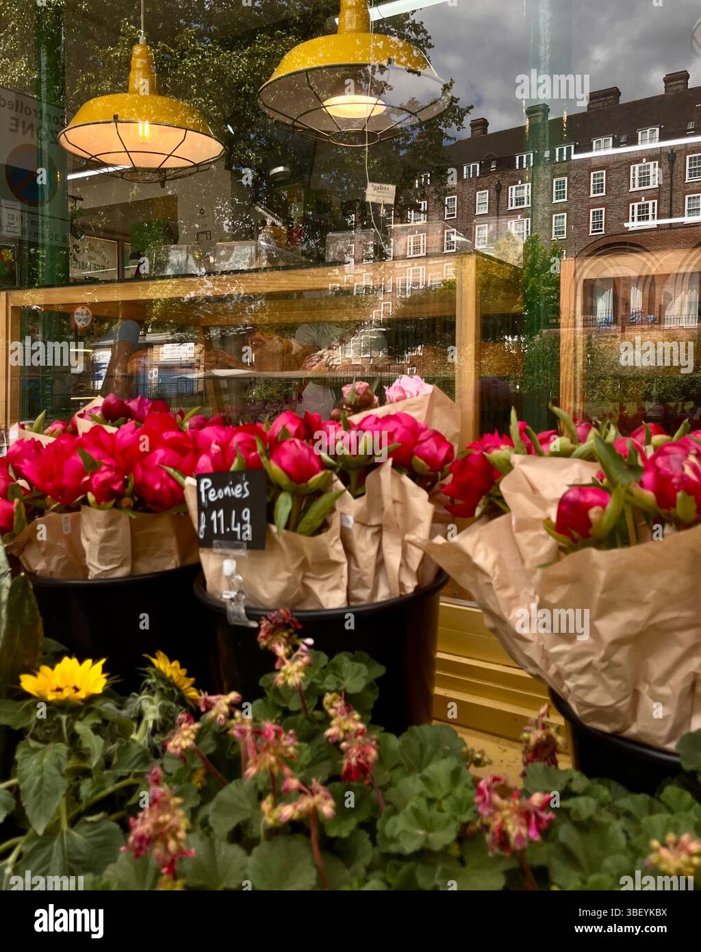 Ein Blumengeschäft im Herzen von Hampstead Heath in London, England, Großbritannien und Europa, das an einem sonnigen Frühlingstag eine Reihe frischer Blumen verkauft. - Smartphone-aufgenommenes Stockfoto