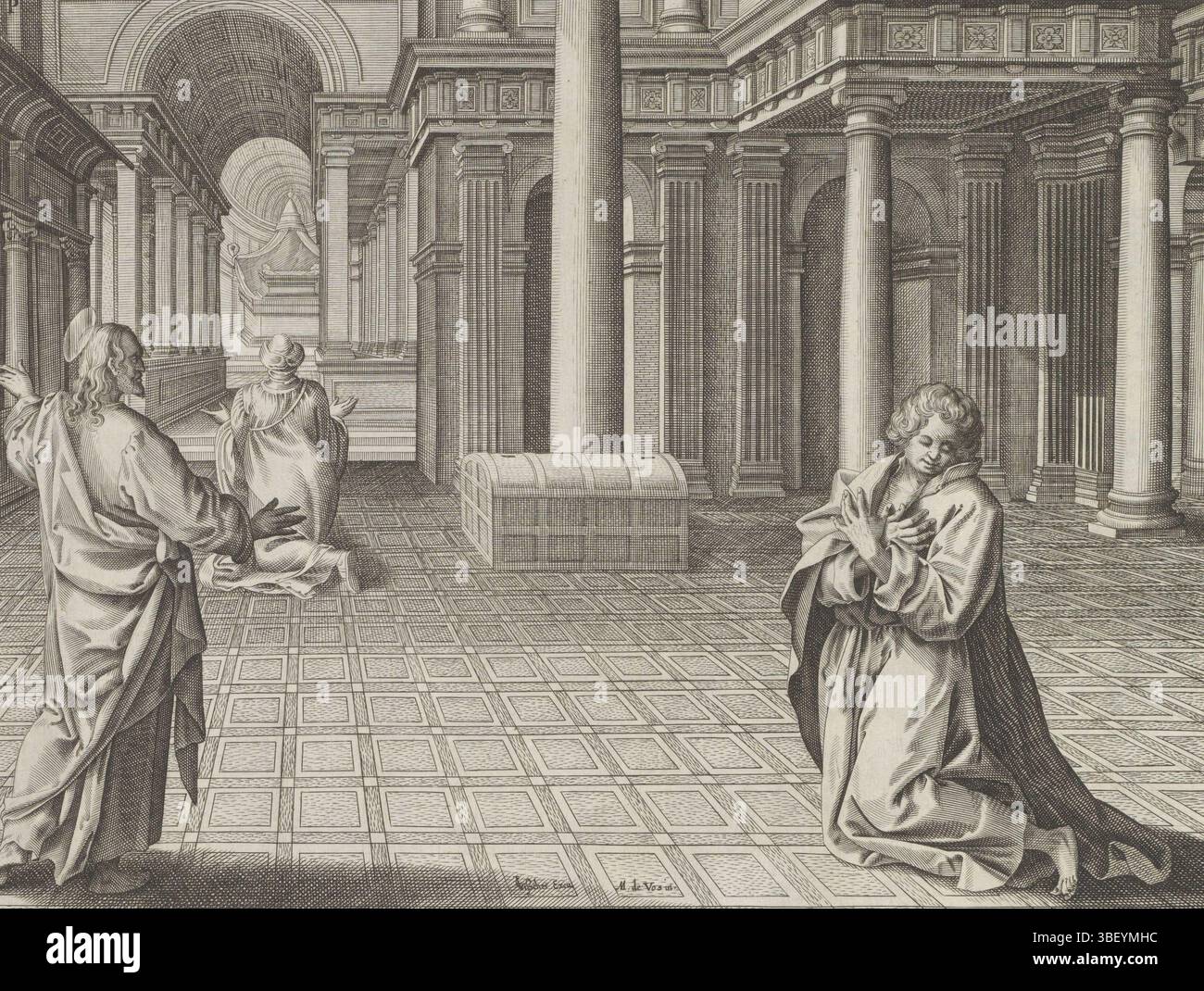 Amsterdam, Visscher, Claes Jansz. II), Vos, Maerten de, Doetechum, Joannes van (I), Lucas van, Collaert, Adriaen, Theatrum Biblicum hoc Est Historiae Sacrae Veteris et Novi Testamenti Tabulis Aeneis Expressae, Ereignisse im und um den Tempel, Ähnlichkeit zwischen Pharisäer und dem tollenden, Amsterdam, Christus, links stehend, erzählt das Gleichnis vom Pharisäer und dem tollenden. Auf der rechten Seite kniet der Beamte in Buße im Tempel und bittet Gott um Gnade. Am Altar im Hintergrund betet der Pharisäer, der Gott dankt, dass er nicht wie der Steuereintreiber ist. Unter der Darstellung eine Referenz Stockfoto