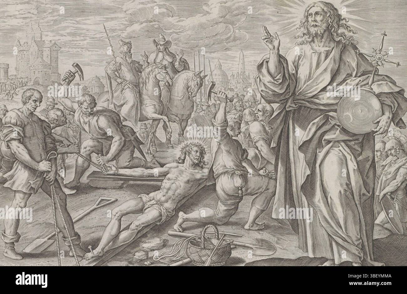 Amsterdam, Visscher, Claes Jansz. II) Vos, Maerten de, Goltzius, Hendrick, Theatrum Biblicum hoc Est Historiae Sacrae Veteris et Novi Testamenti Tabulis Aeneis Expressae, Martyrium Christi und der Apostel, Kreuzigung Christi, Amsterdam, Christus ist ans Kreuz genagelt. Auf der rechten Seite dieser Szene wird er wieder als Retter der Welt mit einem reichen Apfel in der Hand dargestellt. Unter der Aufführung ein erläuternder Text in lateinischer Sprache. Dieser Ausdruck ist Teil eines Albums., Druck, Albumsheet, Ausdrucke, Höhe 206 mm, Breite 285 mm, Drucker, 1576 - 1580, Papier, Gravur, Gravur (Druckverfahren), N Stockfoto
