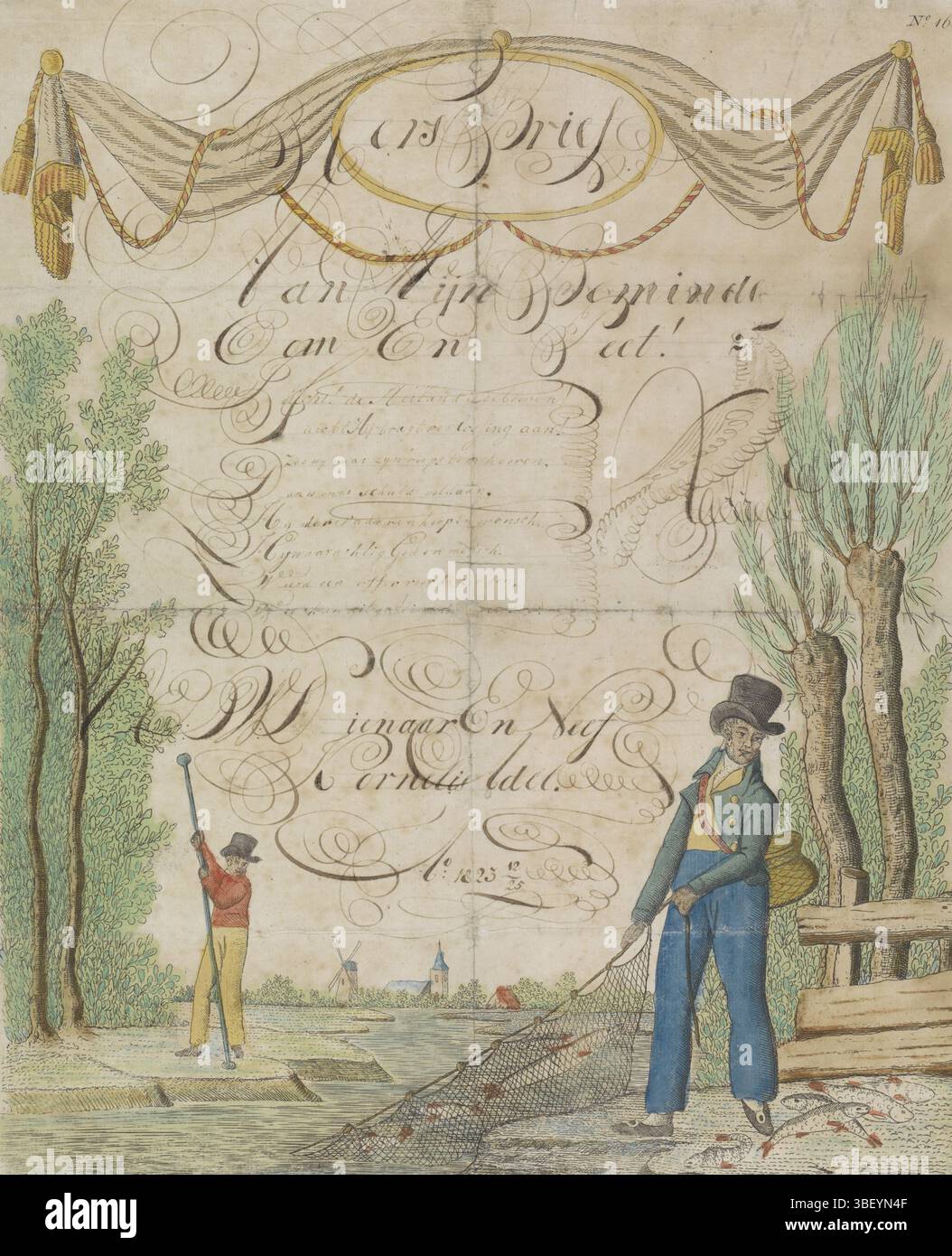 Rotterdam, Hendriksen, Jan, Den Haag, Schweickhardt, Leonardus, Wenschrift Met vissen, Rotterdam, den Haag, Recto - handgeschrieben in brauner Tinte, Wenschrift Met geschrift cartouche binnen een dekorative Rahmen Met een voorstelling van vissen met een hoe en een net. Handgeschriebene Botschaft in Kalligraphie (Weihnachtsbrief) von Cornelis Adel an seinen Onkel und Paten. Nummeriert oben rechts. Nr. 16, Druck, Folk Print, Wunschbrief, Drucke, Folk Prints, rückseitig gestempelt, Kers Brief, an meinen Geliebten, Onkel und Gott! Juicht! Der Erlöser wurde gebohrt! ..., Höhe 416 mm, Breite 331 mm, 1783-11-06 - 1862-01- Stockfoto