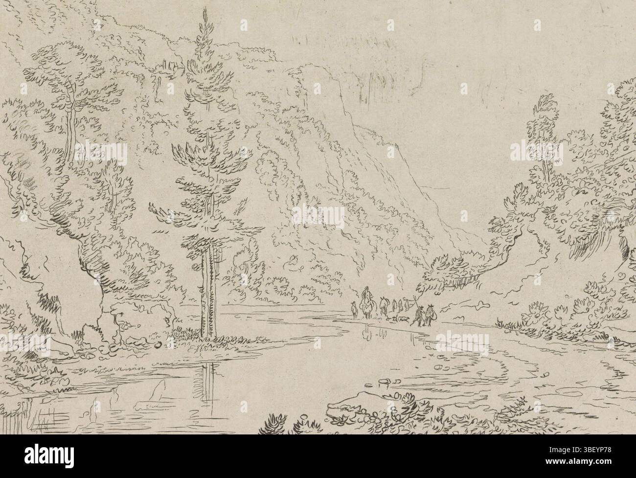 Josi, Christiaan, Hackaert, Jan, Brouwer, Cornelis, Berglandschaft mit Hirten am Ufer, verso Karton und Verso-Druck - geprägt, Berglandschaft mit Kiefern. Direkt am Ufer gibt es ein paar Hirten, gedruckt, Höhe 215 mm, Breite 270 mm, Noord-Nederlands, 1735 - 1803-03-31, Printmaker, 1795 - 1821, Papier, Zeichnung drucken, Ätzen, 1628 - 1705, fortgeschrittener Dragtsman, nach dem Zeichnen, Niederländisch, 1768 - 1828-11, Aufsicht Stockfoto