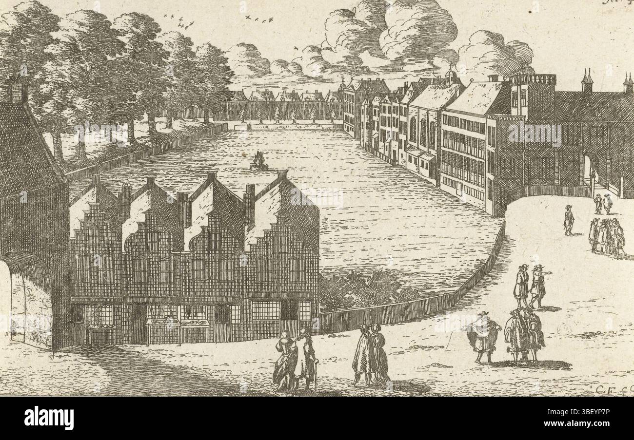 Den Haag, Elandts, Cornelis, het Hoff, Vicht op het Buitenhof, den Haag, verso - gestempelt, Vicht op het Buitenhof en de Hofvijver in den Haag. Zwischen dem Gefängnistor, im Vordergrund neben einer Reihe von vier Häusern, und dem Stadhouderspoort, im Hintergrund sind Wanderer zu sehen., Druck, Höhe 109 mm, Breite 156 mm, Niederländisch, 1641 - 1687-03-03, Druckmaschine, 1663 - 1670, Papier, Ätzen, Ätzen Stockfoto