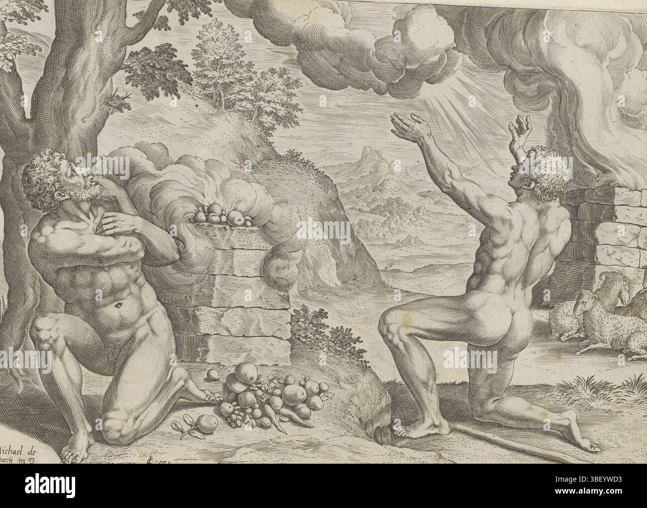 Alkmaar, Schabaelje, Jan Philipsz, Amsterdam, Visscher, Claes Jansz. II), Coxie, Michiel (I), Sadeler, Johann (I), den Grooten Figuer-Bibel, Geschichte von Kain und Abel, Van cain ende Abel, Opfer von Kain und Abel, unten rechts - handgeschrieben in brauner und schwarzer Tinte, bringen die Brüder Kain und Abel jeweils ein Opfer. Kains Opfer wird verleugnet, weil der Rauch sinkt. Das Opfer Abels wird von Gott angenommen, der Rauch steigt auf. Ein Sonnenstrahl scheint auf Abel, der seine Arme zum Himmel wirft. Auf dem Altar des Bauern Kain stehen Obst und Gemüse. Am Altar des Viehhalters Abel liegt die Schlange Stockfoto