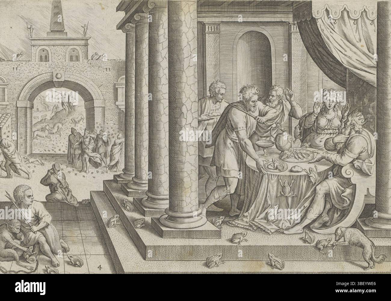 Alkmaar, Schabaelje, Jan Philipsz, Amsterdam, Visscher, Claes Jansz. II), Cleve, Marten van (I), Sadeler, Johann (I), den Grooten Figuer-Bibel, Geschichte Moses für den Exodus, Van Moyses und Pharao, Plagen der Frösche, Mücken und Stechfliegen, unten rechts - handgeschrieben in brauner Tinte, im Vordergrund die zweite Plage, die Gott über Ägypten gebracht hat: eine Froschpest. Eine Gruppe von Leuten sitzt am Tisch mit Fröschen überall. Im Hintergrund wird der Pharao von Mücken und Stechfliegen angegriffen. Im Hintergrund Aaron mit seinem Stab und Moses. Unter der Darstellung ein lateinischer Verweis auf den Stockfoto