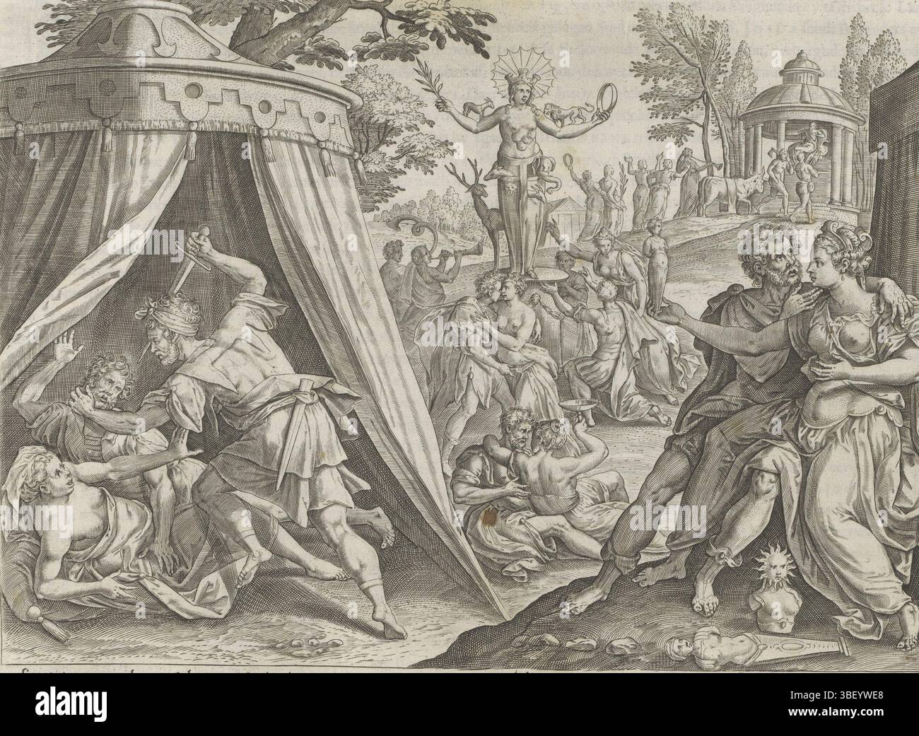 Alkmaar, Schabaelje, Jan Philipsz, Amsterdam, Visscher, Claes Jansz. II), Vos, Maerten de, den Grooten Figuer-Bibel, Geschichte von Bileam, im Woestyne verehrt Israel den Baal von Peor und Pinechas tötet Zimri und Kozbi, unter rechts – handgeschrieben in brauner Tinte – handeln die Israeliten mit moabittischen Frauen und verehren ihren Gott, den Baal von Peor. Die Israeliten knien vor dem Bild der Götzenbilder und beteiligen sich an Opfern im Hintergrund. Moses hatte befohlen, alle Anbeter des Baals zu töten. Im Vordergrund gehorcht Pinechas diesem Befehl, indem er die Israeliten Zimri A tötet Stockfoto