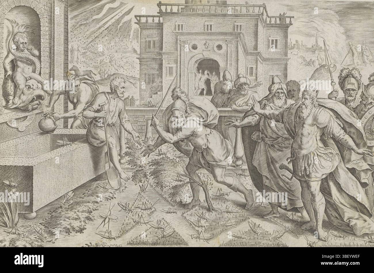 Alkmaar, Schabaelje, Jan Philipsz, Amsterdam, Visscher, Claes Jansz. II), Cleve, Marten van (I), Sadeler, Johann (I), den Grooten Figuer-Bibel, Geschichte Moses für den Exodus, Van Moyses und Pharao, Heuschrecken- und Hagelplagen, unten rechts - handgeschrieben in brauner Tinte, im Vordergrund die achte Plage, die Gott über Ägypten gebracht hat: eine Heuschreckenpest. Der Pharao befiehlt einem seiner Soldaten, die Heuschrecken zu Tode zu schlagen. Links füllt ein Diener ein Gefäß mit Wasser. Im Hintergrund links die siebte Pest Ägyptens: Hagelsteine. Im Hintergrund links und rechts rufen Aaron und Moses die pla Stockfoto