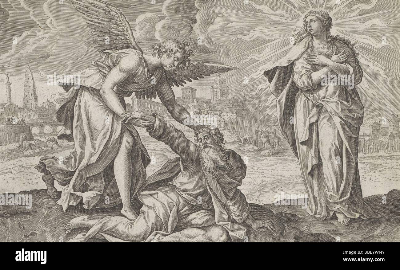 Alkmaar, Schabaelje, Jan Philipsz, Amsterdam, Visscher, Claes Jansz. II) Fox, Maerten de, den Grooten Figuer-Bibel, Visionen von Esra, van Esdras und Nehemias, zweite Vision von Esra: Esra getröstet durch den Engel, unten rechts - handgeschrieben in brauner Tinte, der Engel Uriel tröstet Esra und hilft ihm auf. Neben Ezras Vision der strahlenden Frau Sion. Als sie verschwindet, sieht Ezra, wie die Stadt im Hintergrund gebaut wird. Unter der Darstellung ist ein lateinischer Hinweis auf den apokryphen Bibeltext in 4 Esra 10,25. Dieser Ausdruck ist Teil eines Albums., drucken, Albumsheet, Ausdrucke, 281, Höhe 204 mm, Breite 295 Stockfoto