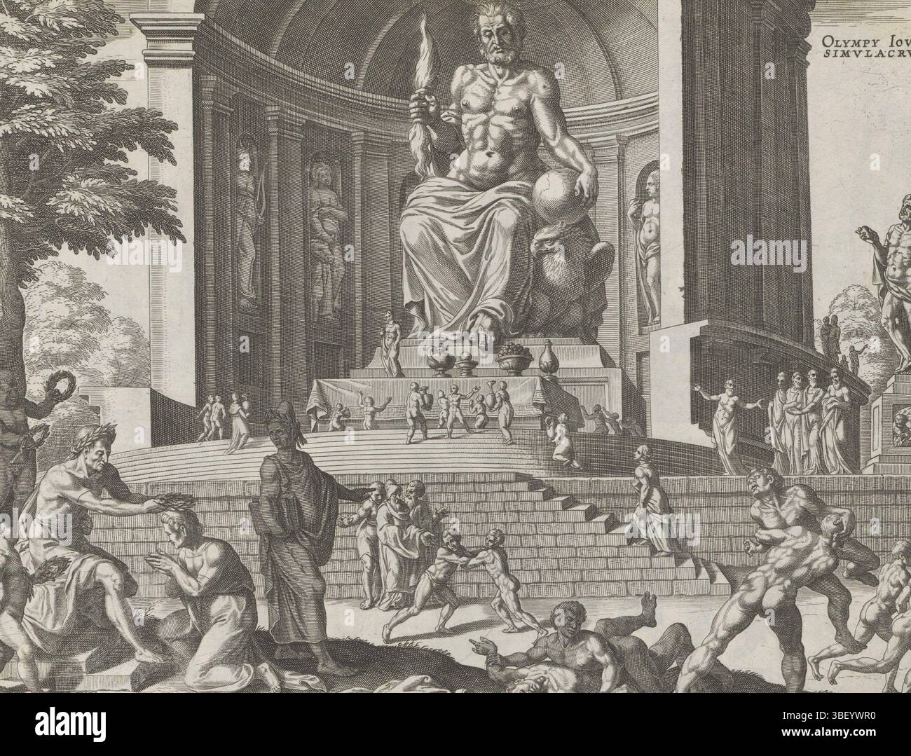 Alkmaar, Schabaelje, Jan Philipsz, Amsterdam, Visscher, Claes Jansz. II) Junius, Hadrianus, Heemskerck, Maarten van, Antwerpen, Galle, Philips, den Grooten Figuer-Bibel, die acht Weltwunder, Van de Sieben Weltwunder, Olympia Iovis Simulachrum, Antwerpen, unten rechts - die Statue des Zeus war in brauner Tinte handgeschrieben im dorischen Tempel von Olympia auf dem griechischen Peloponnes. Es wurde um 433 v. Chr. von dem Athener Bildhauer Phidias geschaffen. Rechts vom Tempel eine Herkules-Statue. Auf den Stufen vor dem Tempel verehren Menschen das Bild des Zeus. Im Vordergrund ri Stockfoto