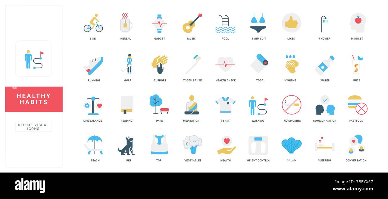 Gesunde Gewohnheiten und Lebensstil, Lebensqualität und Wohlbefinden, geistige und körperliche Gesundheit Farbe Symbol Set. Fitness und Entspannung, Laufen und Freizeit, Musik und soziale Kommunikation flache Vektorillustration Stock Vektor