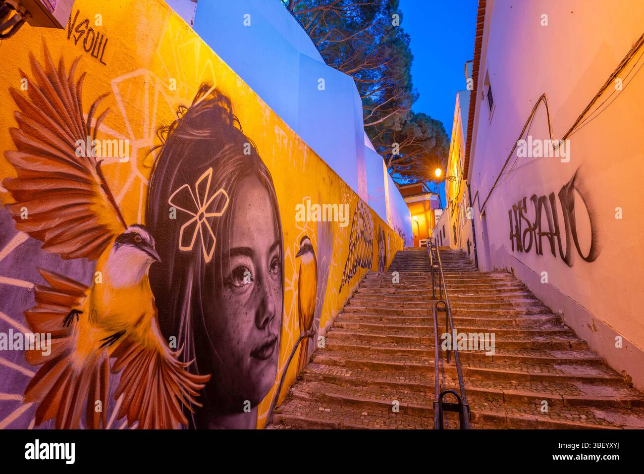 Blick auf farbenfrohe Graffiti und Stufen, die zur Kirche unserer Lieben Frau von Gnade in der Abenddämmerung im Alfama-Viertel, Lissabon, Portugal, Europa führen Stockfoto