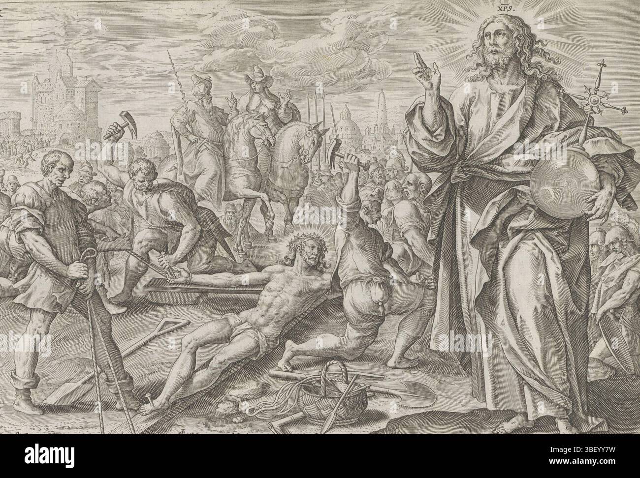 Alkmaar, Schabaelje, Jan Philipsz, Amsterdam, Visscher, Claes Jansz. II) Fox, Maerten de, Goltzius, Hendrick, den Grooten Figuer-Bibel, Martyrium Christi und der Apostel, Van de twaelf Apostel und Hare Martellie, Kreuzigung Christi, unten rechts - handgeschrieben in brauner Tinte, Christus ist ans Kreuz genagelt. Auf der rechten Seite dieser Szene wird er wieder als Retter der Welt mit einem reichen Apfel in der Hand dargestellt. Unter der Aufführung ein erläuternder Text in lateinischer Sprache. Dieser Ausdruck ist Teil eines Albums., drucken, Albumsheet, Ausdrucke, 186, Höhe 207 mm, Breite 285 mm, Druckmaschine, 1576 - 1580, Papier, Stockfoto