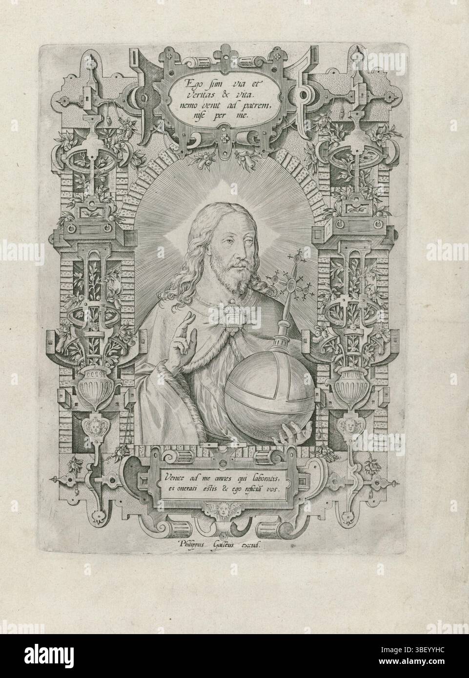 Antwerpen, Galle, Philips, Antwerpen, Christ Salvator, verso Center Under - in einer Ornamentiste gestempelt Christus auf halbem Weg, dargestellt als Herrscher und Retter der Menschheit. In seiner linken Hand trägt er die Kugel und in seiner rechten Hand streckt er den Segen aus. Der Druck hat eine lateinische Unterschrift in Kartuschen., Druck, rückseitig Mitte unten - eingestanzt, Höhe 246 mm, Breite 178 mm, Südholländisch, 1537 - 1612-03-29, Druckerei, 1547 - 1622, Papier, Gravur, Gravur (Druckverfahren), Publikation (Ereignis), Publikation, Herausgeber Stockfoto