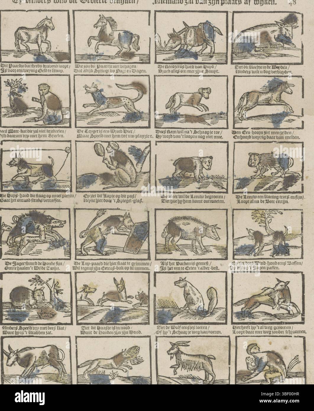 Amsterdam, Kannewet, Johannes (II), Ey kinders sehen diese Tiere wild, Niemand wird von seinem Platz abweichen, Amsterdam, verso - gestempelt, Blatt mit 24 Bildern von Tieren, wie einem Pferd, einem Nashorn, einem Bären und einem Wolf. Unter jedem Bild eine zweizeilige Strophe. Nummeriert oben rechts: 48., Druck, volkstümliche Drucke, Drucke, Höhe 427 mm, Breite 313 mm, Publikation (Event), Publikation, Niederländisch, Verlag, 1725 - 1780, Papier, Holzschnitt, Farben, Buchdruck, Bookprint, Printmaker, Printmaker Stockfoto