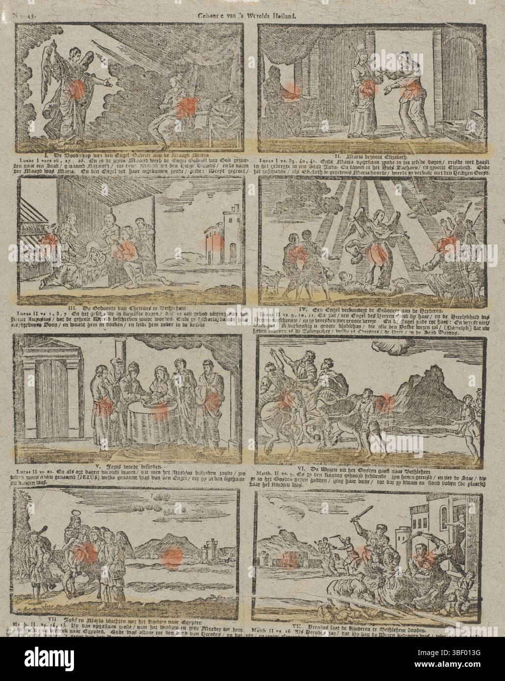 Rotterdam, Hendriksen, Jan, Geburt des Welterlösers, Rotterdam, Verso - gestempelt, Blatt mit 8 Aufführungen aus dem Leben Christi, wie Geburt, Beschneidung und Flug nach Ägypten. Unter jeder Aufführung ein Bibelzitat. Nummeriert oben links: Nr. 45., Druck, volkstümliche Drucke, Drucke, rückseitig - gestempelt, Höhe 410 mm, Breite 333 mm, Publikation (Ereignis), Publikation, Niederländisch, Verlag, 1781 - 1828, Papier, Holzschnitt, Farben, Buchdruck, Bookprint, PrintMaker, Printmaker Stockfoto