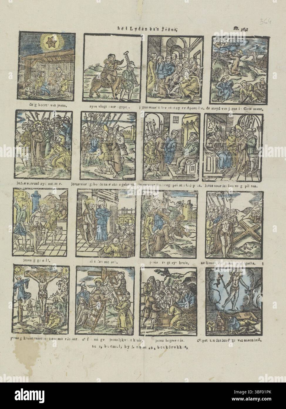 Niederlande, Zaltbommel, Noman, Johan, Het lyden van Jesus, Niederlande, verso Under - handgeschrieben in Bleistift, Blatt mit 16 Bildern aus dem Leben Christi, wie die Geburt Christi, die Flucht nach Ägypten und die Auspeitschung. Unter jedem Bild eine Beschriftung. Nummeriert oben rechts: Nr. 364., Druck, Folk Print, Prints, Folk Prints, Folk Prints, verso - gestanzt, 1234K1, 100, -, Höhe 425 mm, Breite 334 mm, Publikation (Ereignis), Publikation, - 1833, Verlag, 1806 - 1830, Papier, Holzschnitt, Farben, Buchdruck, Bookprint, Printmaker, Printmaker Stockfoto