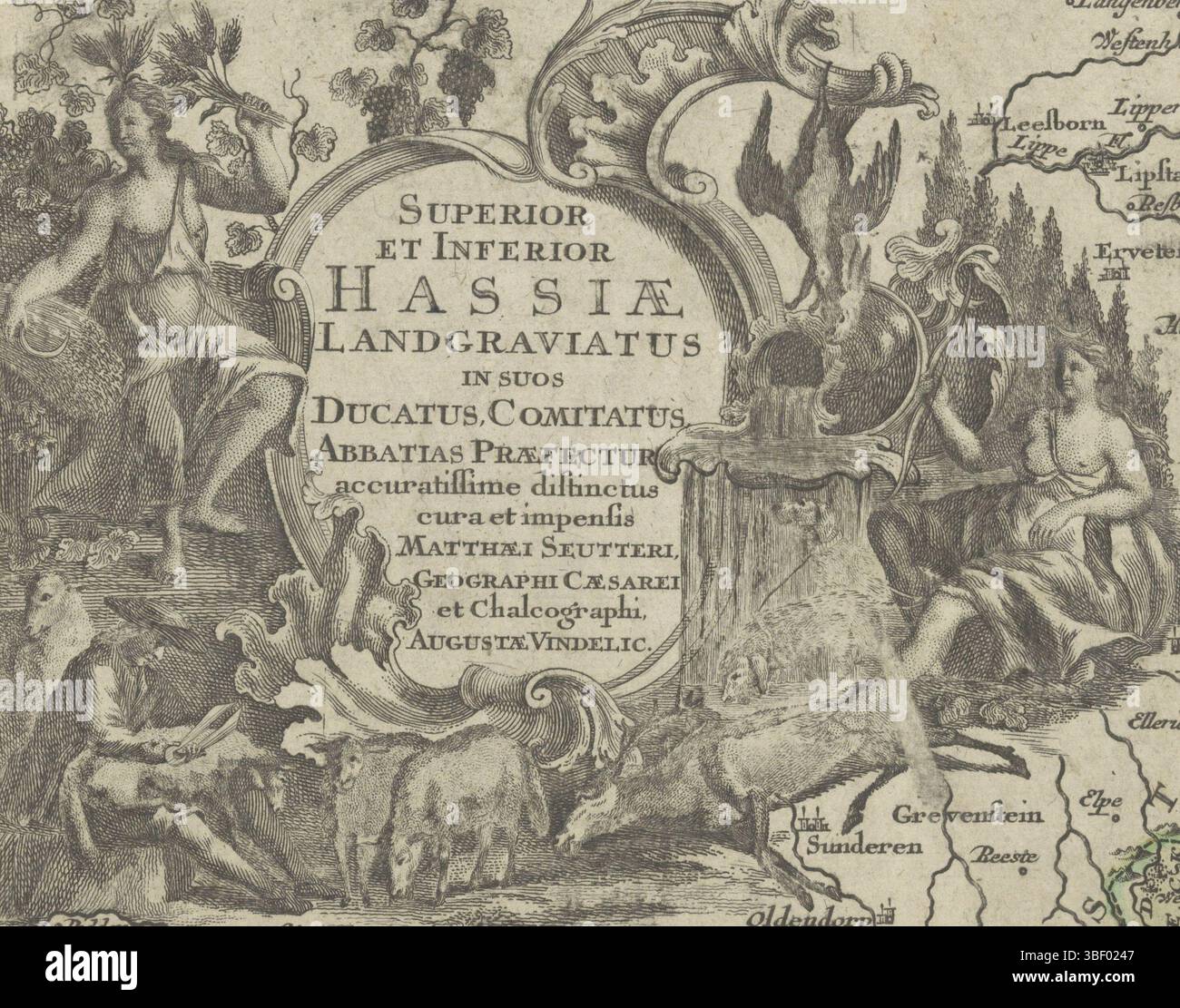 Augsburg, Seutter, Matthaeus (III), Lotter, Tobias Conrad, Superior et Inferior Hassiae Landgraviatus, Ceres, Diana und Schafscherer rund um die Kartusche, Augsburg, verso - gestempelt, Ceres mit Maisohren und Sichel, Diana mit Halbmond auf Kopf und Bogen und ein Schafscherer umgeben eine Kartusche mit Titel. Detailansicht einer Landkarte des Landes Hessen in Deutschland, Druck, Höhe 179 mm, Breite 188 mm, 1717 - 1777-07-14, Druckerei, 1707 - 1757, zweites Viertel 17. Jahrhundert, Papier, Ätzen, Gravieren, Gravieren (Druckverfahren), Publikation (Veranstaltung), Publikation, Deutsch, 20.09.2016 - 1757 16.03.1678, Verlag Stockfoto