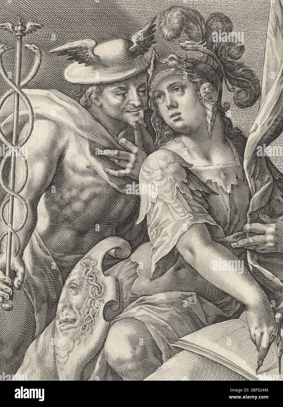 Passe, Crispino of the (I), Passe, Köln, Götter und Göttinnen als Liebende, Mercury und Minerva, vero Right - Stamp, Mercury und Minerva als Liebende. Quecksilber trägt seinen geflügelten Helm Petasus. In seiner Hand hält er den Caduceus. Er erklärt Minerva seine Liebe. Minerva trägt einen Federhut und Schilder mit Kompass. Am Rand eine vierzeilige Beschriftung in zwei Spalten auf Lateinisch, die auf die Geburt von Minerva und ihre Weisheit verweist. Druck aus einer Serie mit Göttin und Göttin als Liebende., Druck, rückwärts rechts - geprägt, Höhe 240 mm, Breite 180 mm, 1564 - 1637, Druckerei, 1589 - 1611, Papier, Gravur Stockfoto