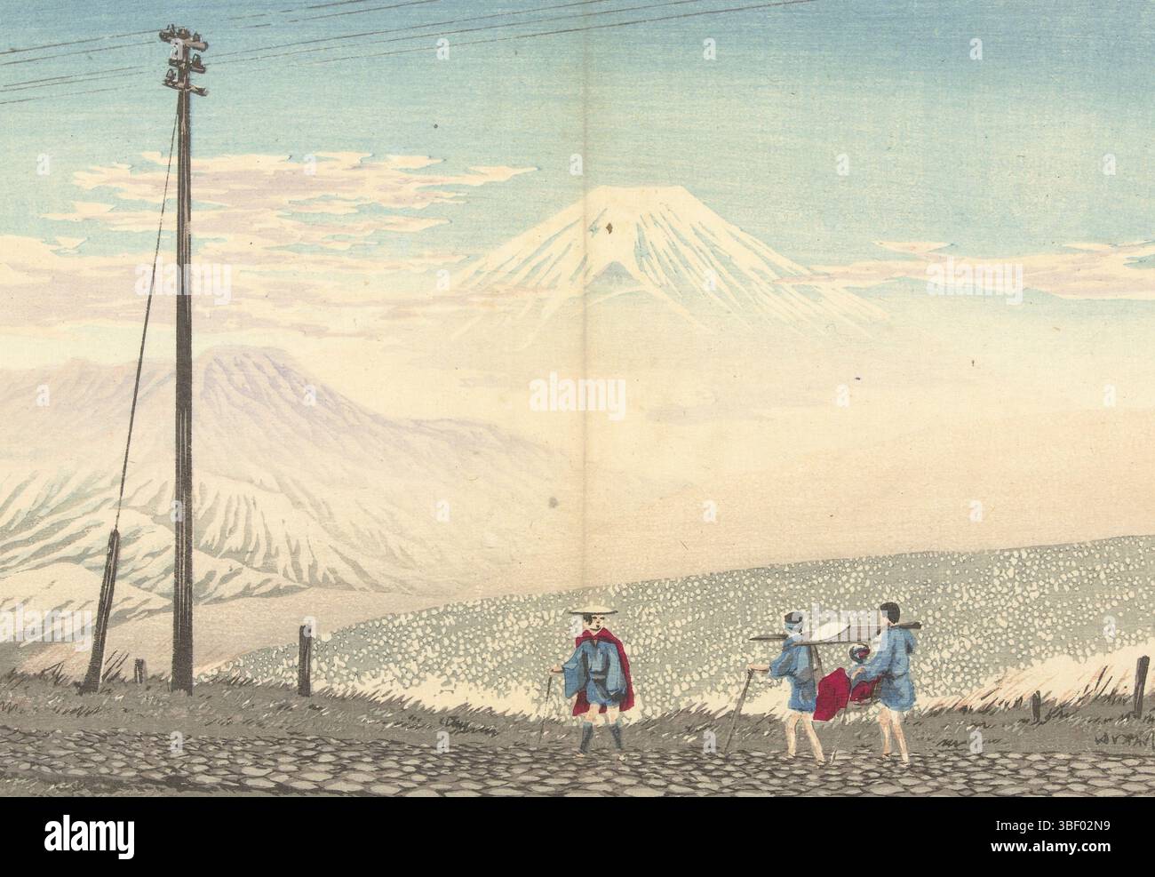 Tokio, Fukuda Kumajirô, Japan, Kiyochika, Kobayashi, JU Hakone sanchu Fugaku chobo, Fuji-Blick in den Hakone-Bergen, verso gestempelt, Berglandschaft mit Stromanschluss; Reisende, einer in einem Palanquin im Vordergrund. Unter dem Titel wird erwähnt, als die Skizze für den Druck gemacht wurde: Anfang Januar um drei Uhr mittags, Druck, Japan (Sammlung), Höhe 231 mm, Breite 336 mm, 1847 - 1915, Druckerei, 1880 - 1882, viertes Viertel 19. Jahrhundert, Papier, nishiki-e, Farbholzschnitt, Publikation (Veranstaltung), Publikation, Japanisch, Verlag Stockfoto