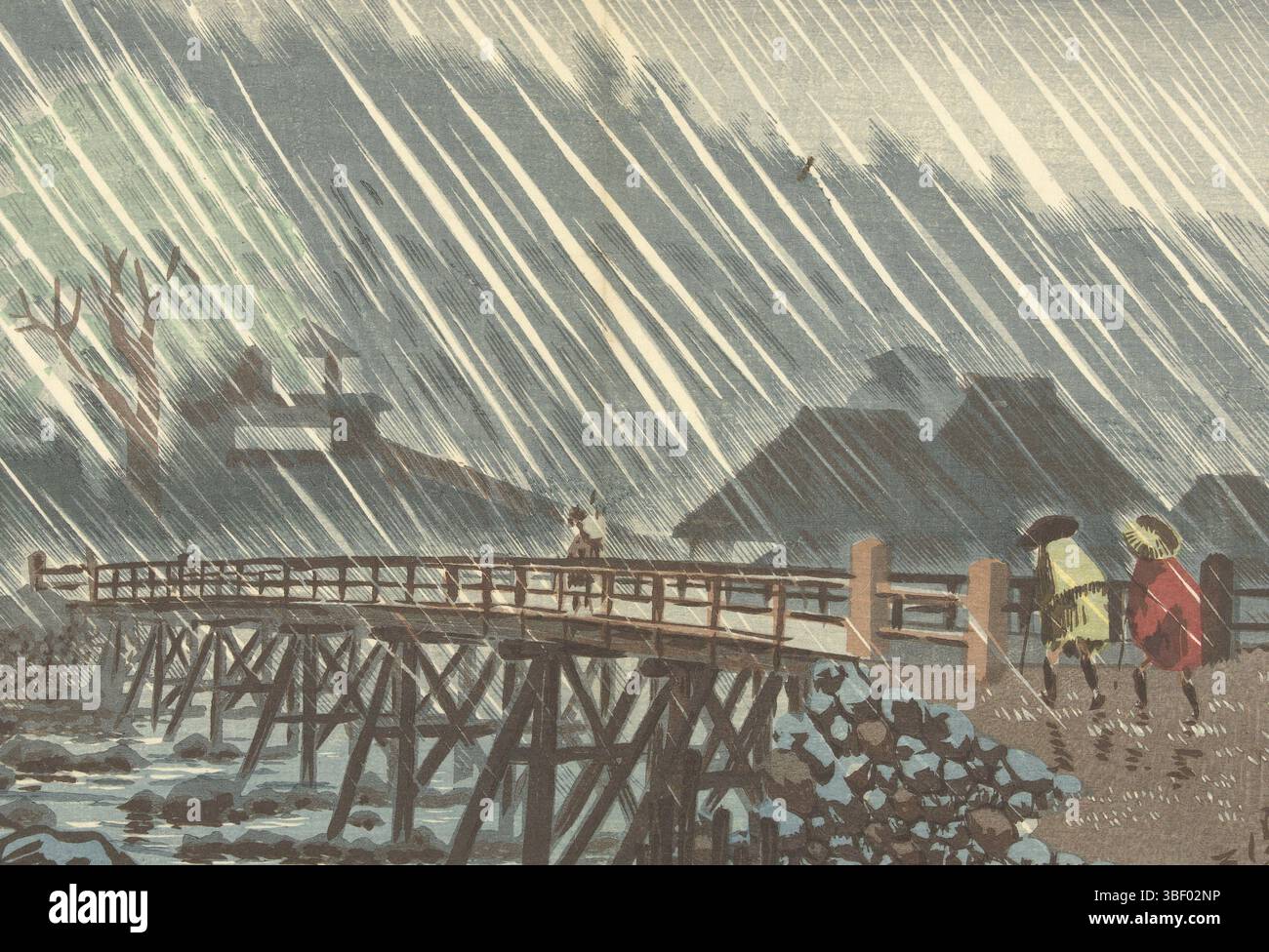 Tokio, Fukuda Kumajirô, Japan, Kiyochika, Kobayashi, Hakone Sanmaibashi ame, Regen bei Sanmaibashi in Hakone, verso - gestempelt, die Sanmai-Brücke mit einigen Reisenden bei starkem Regen; im Hintergrund ein Baum und verschiedene Häuser. Oben wird der Titel erwähnt, wenn die Skizze für den Druck gemacht wird: Anfang Juli um vier Uhr mittags, Druck, Japan (Sammlung), Höhe 231 mm, Breite 337 mm, 1847 - 1915, Druckerei, 1880 - 1882, viertes Viertel 19. Jahrhundert, Papier, nishiki-e, Farbholzschnitt, Publikation (Veranstaltung), Publikation, Japanisch, Verlag Stockfoto