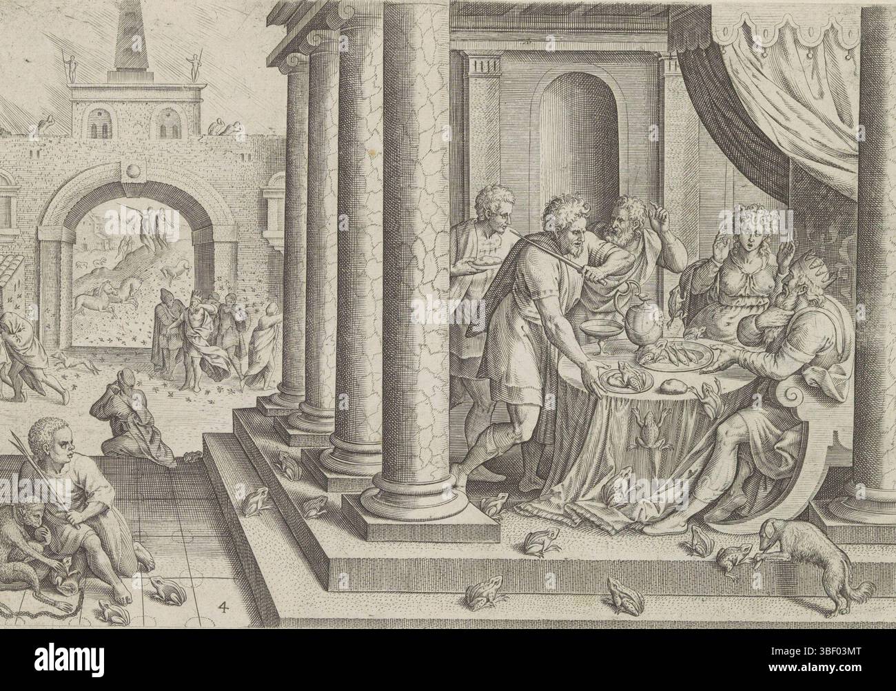 Antwerpen, Jode, Gerard de, Cleve, Marten van (I), Sadeler, Johann (I), Thesaurus sacrarum historiaru[m] veteris testame[n]ti, elega[n]issimis imaginibus expressu[m] excelle[n]tissimoru[m] in hac arte viroru[m] Oper: Now [n]c primu [m] in luce [m] editus, Geschichte Moses vor dem Exodus, Plagen der Pest, Mücken, Mosquitos, Mosquitos und der Vorfall in Antwerpen auf den Boden gebracht. Eine Gruppe von Leuten sitzt am Tisch mit Fröschen überall. Im Hintergrund wird der Pharao von Mücken und Stechfliegen angegriffen. Im Hintergrund Aaron mit seinem Stab und Moses. Stockfoto