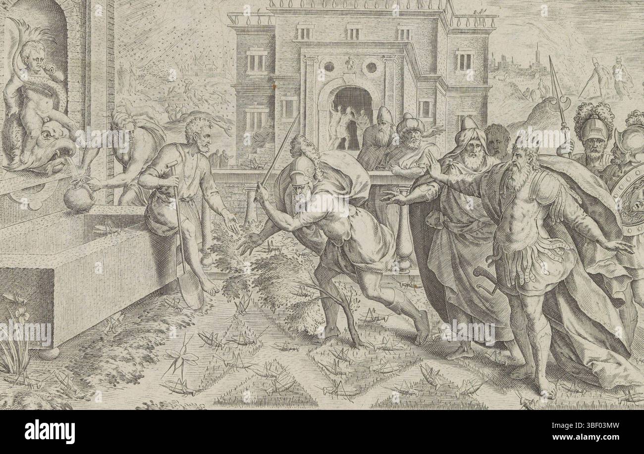 Antwerpen, Jode, Gerard de, Cleve, Marten van (I), Sadeler, Johann (I), Thesaurus sacrarum historiaru[m] veteris testame[n]ti, elega[n]issimis imaginibus expressu[m] excelle[n]tissimoru[m] in hac arte viroru[m] Oper: Now [n]c primu [m] in luce [m] editus, Geschichte Moses für den Exodus, Heuschrecken und Hagel, Plagen auf den Boden gebracht in Ägypten. Der Pharao befiehlt einem seiner Soldaten, die Heuschrecken zu Tode zu schlagen. Links füllt ein Diener ein Gefäß mit Wasser. Im Hintergrund links die siebte Pest Ägyptens: Hagelsteine. Im Hintergrund Stockfoto
