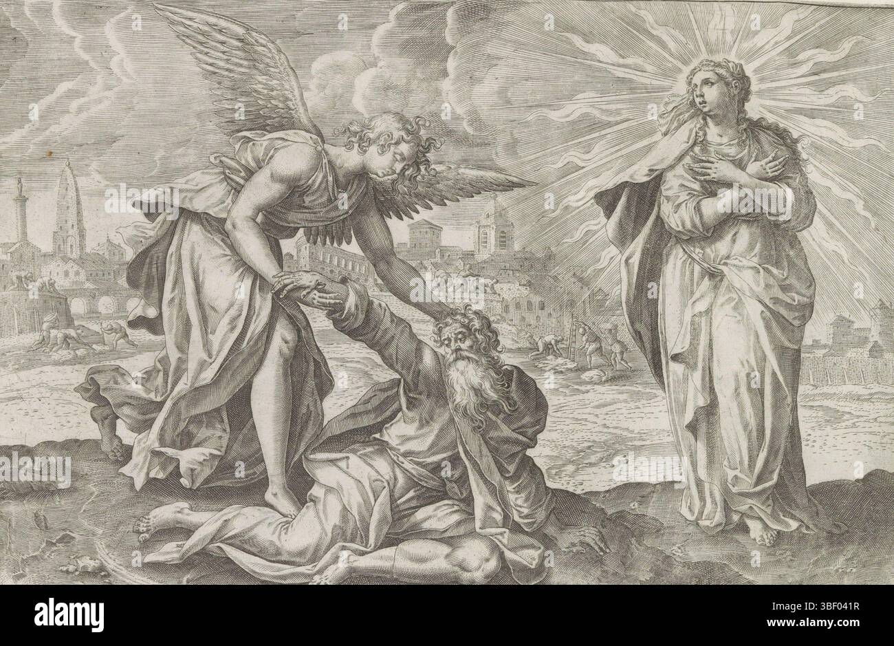 Antwerpen, Jode, Gerard de, Vos, Maerten de, thesaurus sacrarum historiaru[m] veteris testame[n]ti, elega[n]tissimis imaginibus expressu[m] excelle[n]tissimoru[m] in hac arte viroru[m] Oper: nu[n]c primu[m] in luce[m] editus, Visionen von Esra, zweite Vision von Ezra: Ezra tröstete vom Engel, Antwerpen und Ezra. Neben Ezras Vision der strahlenden Frau Sion. Als sie verschwindet, sieht Ezra, wie die Stadt im Hintergrund gebaut wird. Unter der Darstellung ein lateinischer Hinweis auf den apokryphen Bibeltext in 4 Esra 10. Dieser Ausdruck ist Teil eines Albums., Prints Stockfoto