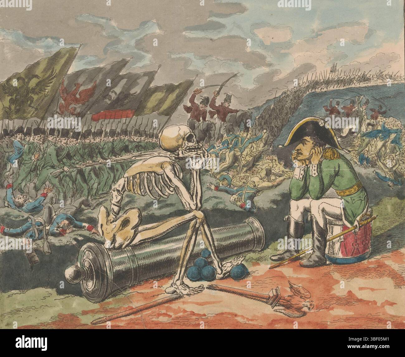 England, Rowlandson, Thomas, England, die zwei Könige des Terrors, 1813, Verso-Stempel, Spotprent auf Napoleon nach der verlorenen Schlacht bei Leipzig, 16.–19. Oktober 1813. Napoleon saß auf einer Trommel und Tod wie ein Skelett, ihm gegenüber sitzend auf einer Kanone, beide besiegten mit den Ellbogen auf den Knien und dem Kopf in den Händen. Das französische Feldschild mit einem Adler ist am Boden gebrochen. Links marschierte Truppen der Verbündeten mit den Fahnen Preußens, Russlands und Österreichs, rechts die fliehende französische Armee., Zeichentrick, englischer Zeichentrick, rückseitig gestempelt, Höhe 210 mm, Breite 265 mm, Drucker, 1813-1814, Pa Stockfoto