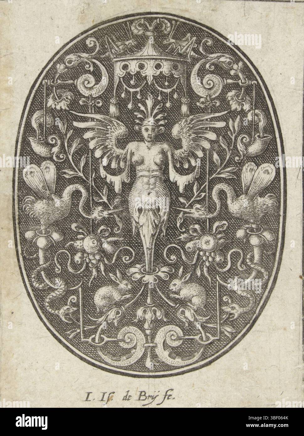 Deutschland, Bry, Johann Israel de, Deutschland, Johann Theodor de, Ovaal mit einer Frau mit Flügeln in der Mitte, zwei unteren Kaninchen. Ornamentdrucke, Höhe 65 mm, Breite 49 mm, Druckmaschine, 1571 - 1623, 3. Quartal 16. Jahrhundert, 4. Quartal 16. Jahrhundert, 1. Quartal 17. Jahrhundert, Papier, Stich, Stich (Druckverfahren), Konzeption, Südholland, 1561 - 1623, nach dem Entwurf der Arbeitskonzeption Stockfoto