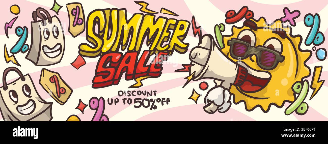 Sun-Cartoon-Maskottchen mit Megaphon für das Sommersalle-Banner-Konzept. Sommerverkauf Banner Vorlage Vektor Illustration Stock Vektor
