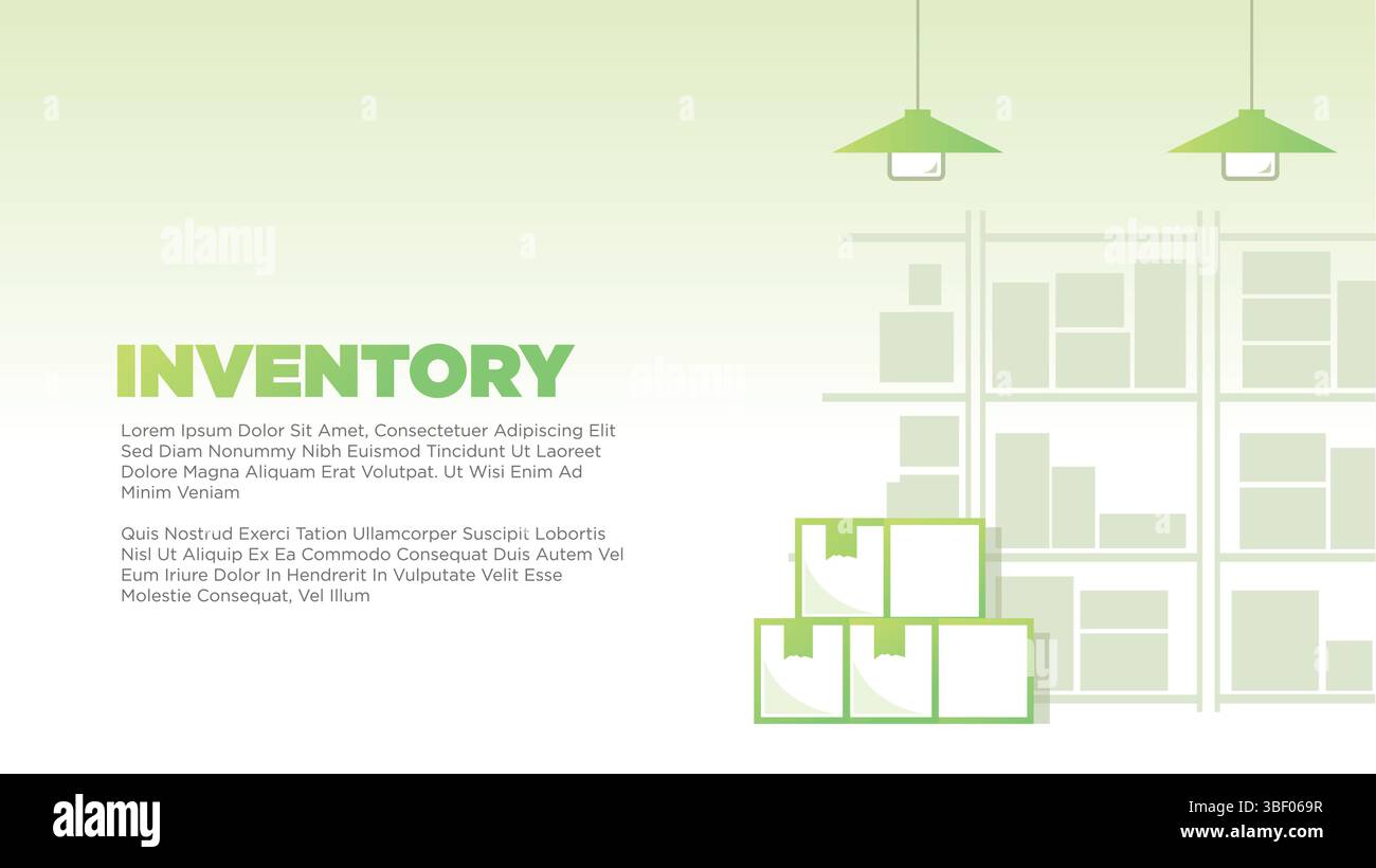 Stapel aus Pappkarton mit abstrakten Waren, die auf Lagerregalen angeordnet sind, und Beleuchtung für das Bestandskonzept. Reinigen Sie die gleiche Bildschirmgröße für den Druck, Presen Stock Vektor