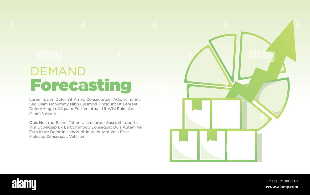 Versandkartentafel mit Tortendiagramm und Pfeildiagramm für das Produktionskonzept der Bedarfsprognose. Saubere Bildschirmgröße für Druck, Präsentation oder Stock Vektor