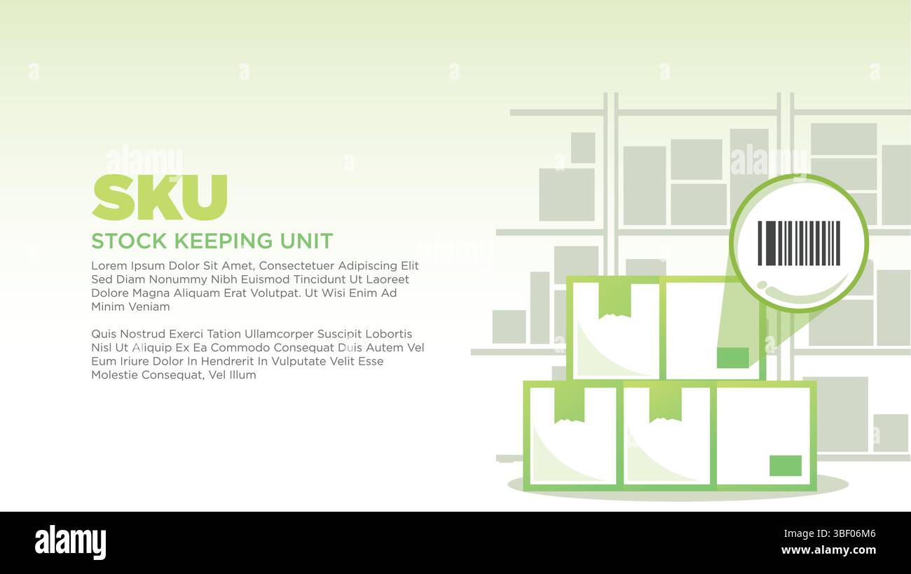 SKU-Konzept (Inventory Keeping Unit). Saubere Bildschirmgröße für Druck-, Präsentations- oder Webvorlagen-Vektorabbildungen Stock Vektor