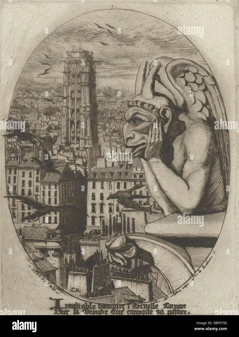 Paris, Delâtre, Auguste, Meryon, Charles, Frankreich, Eaux-Fortes sur Paris, Le Stryge, Bild des Vampirs als Gargoyle auf dem Turm von Notre Dame und Blick über Paris, Paris, verso in der Mitte - gestempelt, Bild des Vampirs als Gargoyle, das über den Rand des oberen Balkons eines der Türme von Notre Dame gelehnt ist. Der Künstler wählte einen Ovalschnitt mit diesem Fragment der Kirche rechts und links einen Blick auf Paris mit schwarzen Krähen, die im Blickfeld vorbeifliegen. Unterhalb der Aufführung befindet sich ein Vers in zwei Zeilen unersättlicher Vampir l'eternelle ... convoite sa pâture., Druck, Höhe 167 mm, Breite 128 mm, F Stockfoto