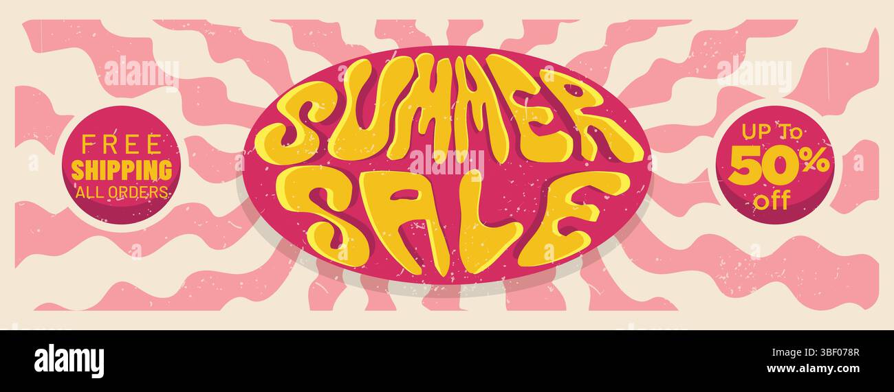 Rabattbanner im Sommer mit kostenlosem Versand im Retro-Bannerkonzept. Distress Retro Vintage Sommer Verkauf Banner Vorlage Vektor Illustration Stock Vektor