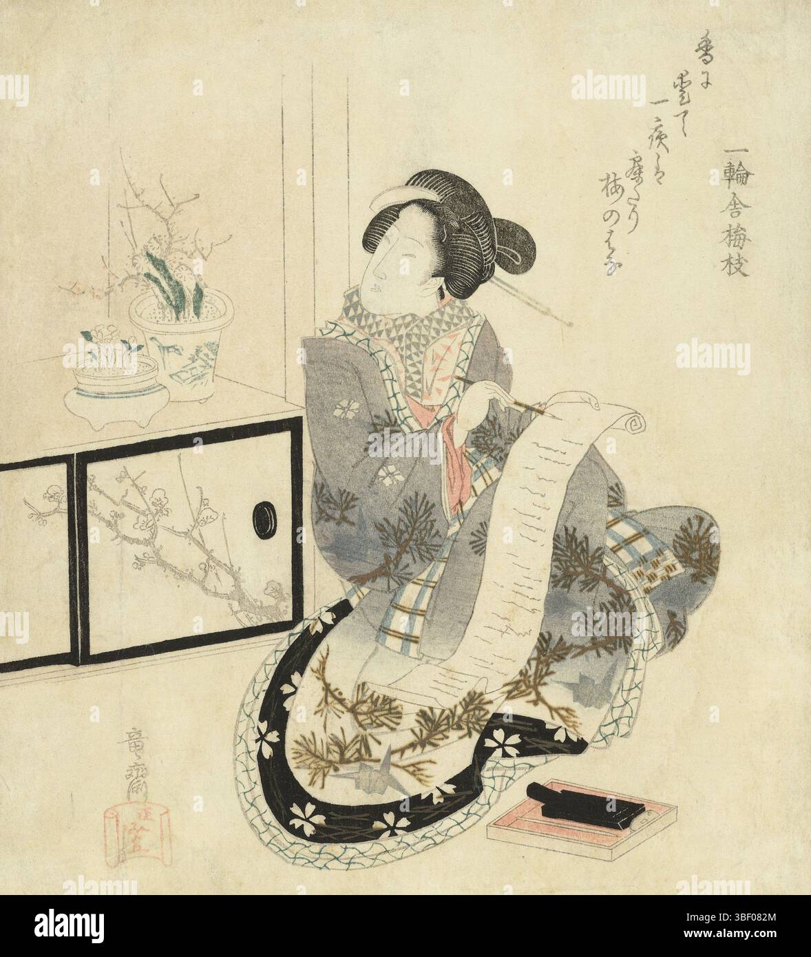 Japan, Umeda, Ichirinsha, Japan, Masazumi, Ryûsai, eine Frau schreibt einen Brief, Eine Frau, die für eine Alkoven (Tokonoma) sitzt, schreibt einen langen Brief. Mit einem Haiku-Gedicht, Print, Surimono, Prints, Japan (Sammlung), Höhe 210 mm, Breite 187 mm, Japanisch, Drucker, 1821 - 1821, 1. Viertel 19. Jahrhundert, Papier, Farbholzschnitt, Farbholzschnitt, Prägung, Poet Stockfoto