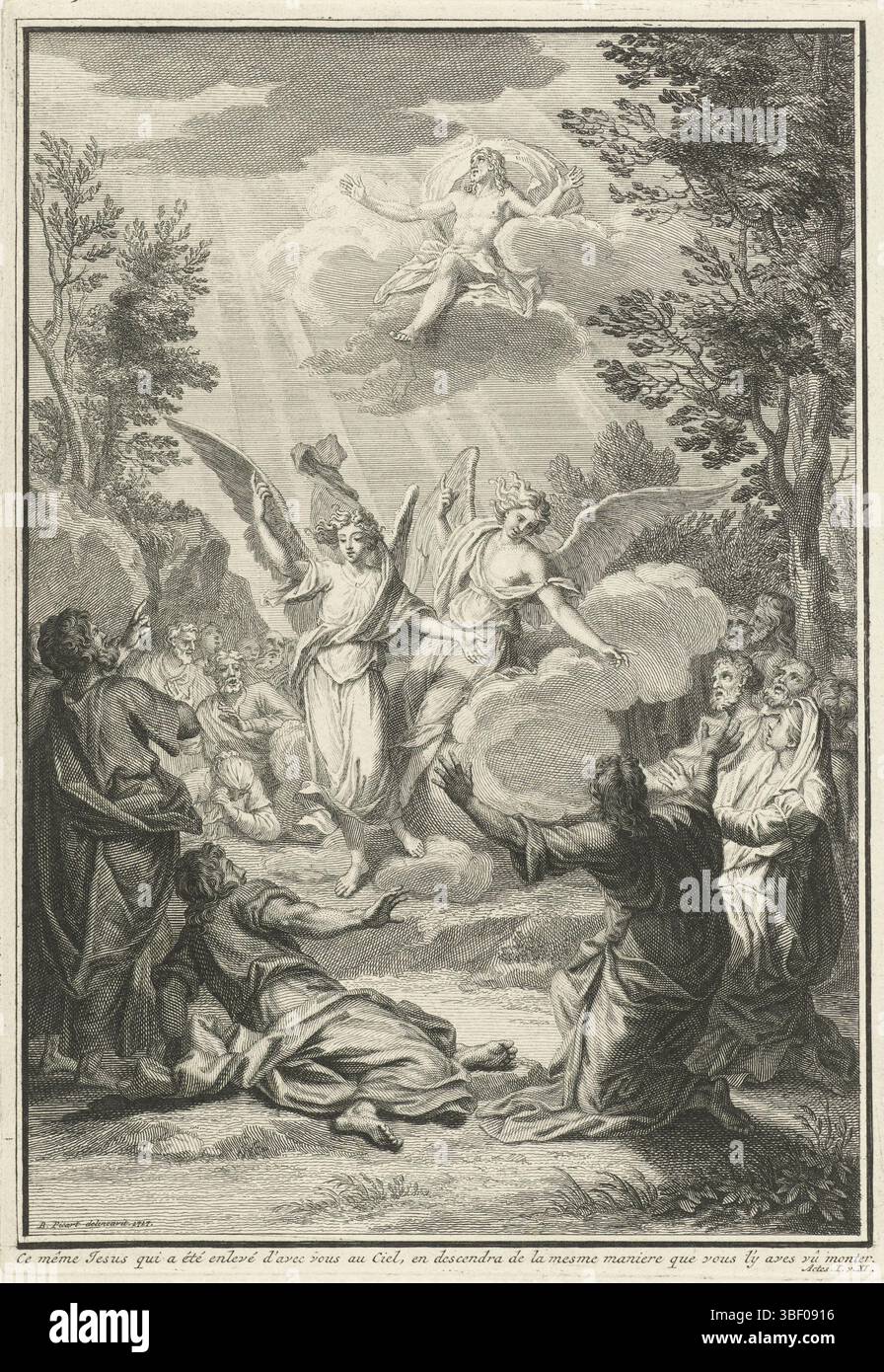 Amsterdam, Picart, Bernard, Amsterdam, Homepage: J. Lenfant en I. de Beausobre, Le Nouveau Testament, 1718, Himmelfahrt Christi, verso links unter - gestempelt, Christus wird auf einer Wolke in den Himmel getragen. Zwei Engel auf Erden zeigen in den Himmel. Die Leute sehen verängstigt aus. Am Rande ein Bibelzitat aus der Hand. 1:11 in Französisch, Druck, Titelseite, Drucken, Höhe 220 mm, Breite 153 mm, Noord-Nederlands, 1673-06-11-1733-05-08, Druckmaschine, 1717-1717, 1. Quartal 18. Jahrhundert, Papier, Ätzen, Gravieren, Gravieren (Druckverfahren), Nord-Niederlande, fortgeschrittener Dramaturg Stockfoto
