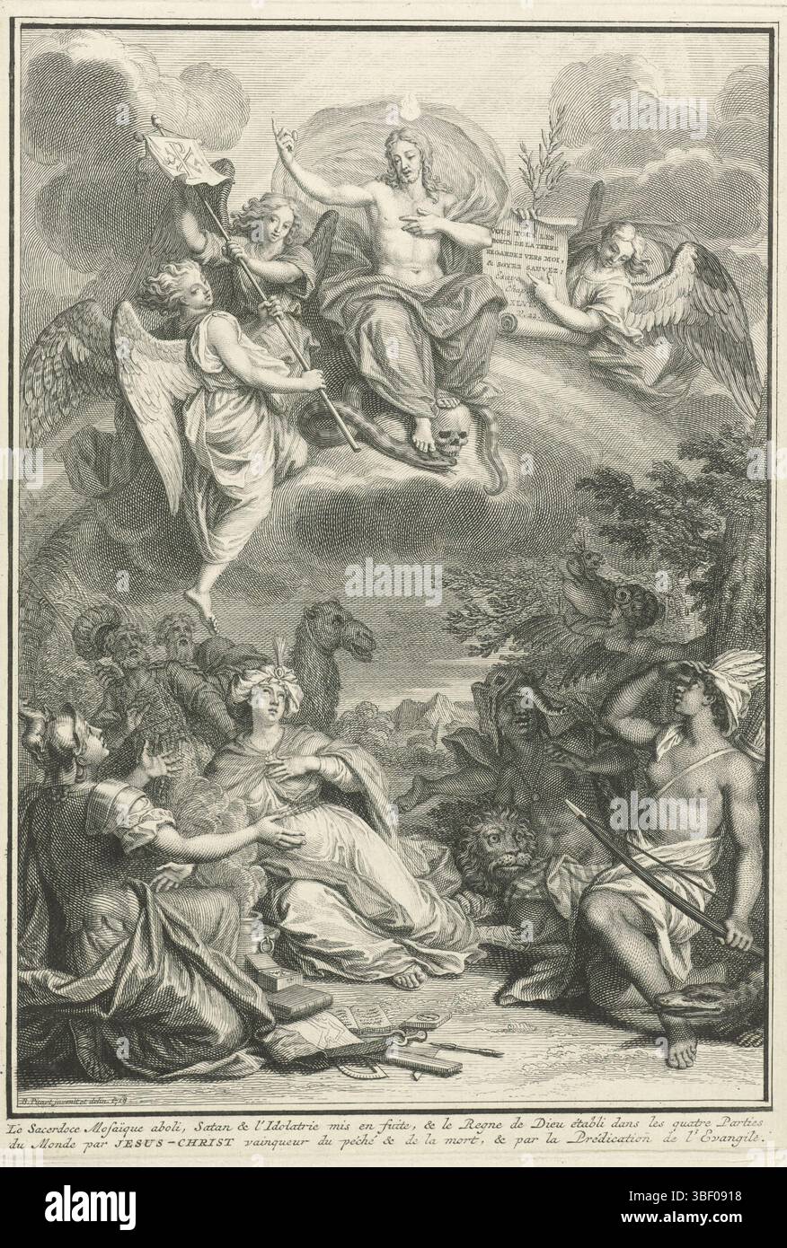 Amsterdam, Picart, Bernard, Amsterdam, Homepage für: J. Lenfant en I. de Beausobre, Le Nouveau Testament, 1718, Christus erscheint an den Personifizierungen der Kontinente, rückwärts links - gestempelt, Christus thront auf einem Regenbogen im Himmel, er zertrampelt eine Schlange und einen Schädel und symbolisiert jeweils das Böse und den Tod. Die Flamme des Glaubens brennt über seinem Kopf. Er predigt das Evangelium den Charakteren der Kontinente, die von der Erde zu ihm aufschauen. Rechts im Hintergrund flieht die Götzendiener. Im Hintergrund stehen zwei überraschte Männer, die das Judentum symbolisieren. Am Rand ein zweizeiliger Titel in FR Stockfoto